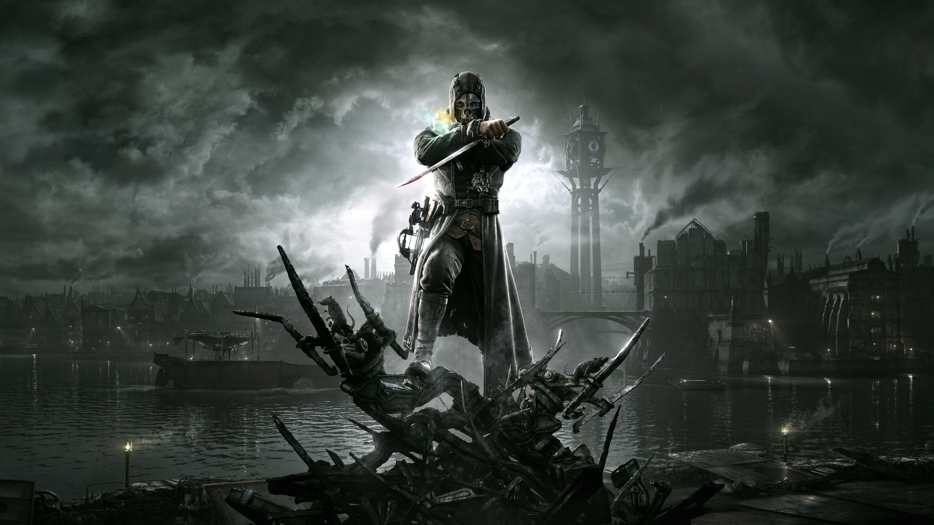 Corvo Attano, Dishonored, Maske, Industriestadt, Grau, 4K 2160p, Desktop-Hintergrundbild