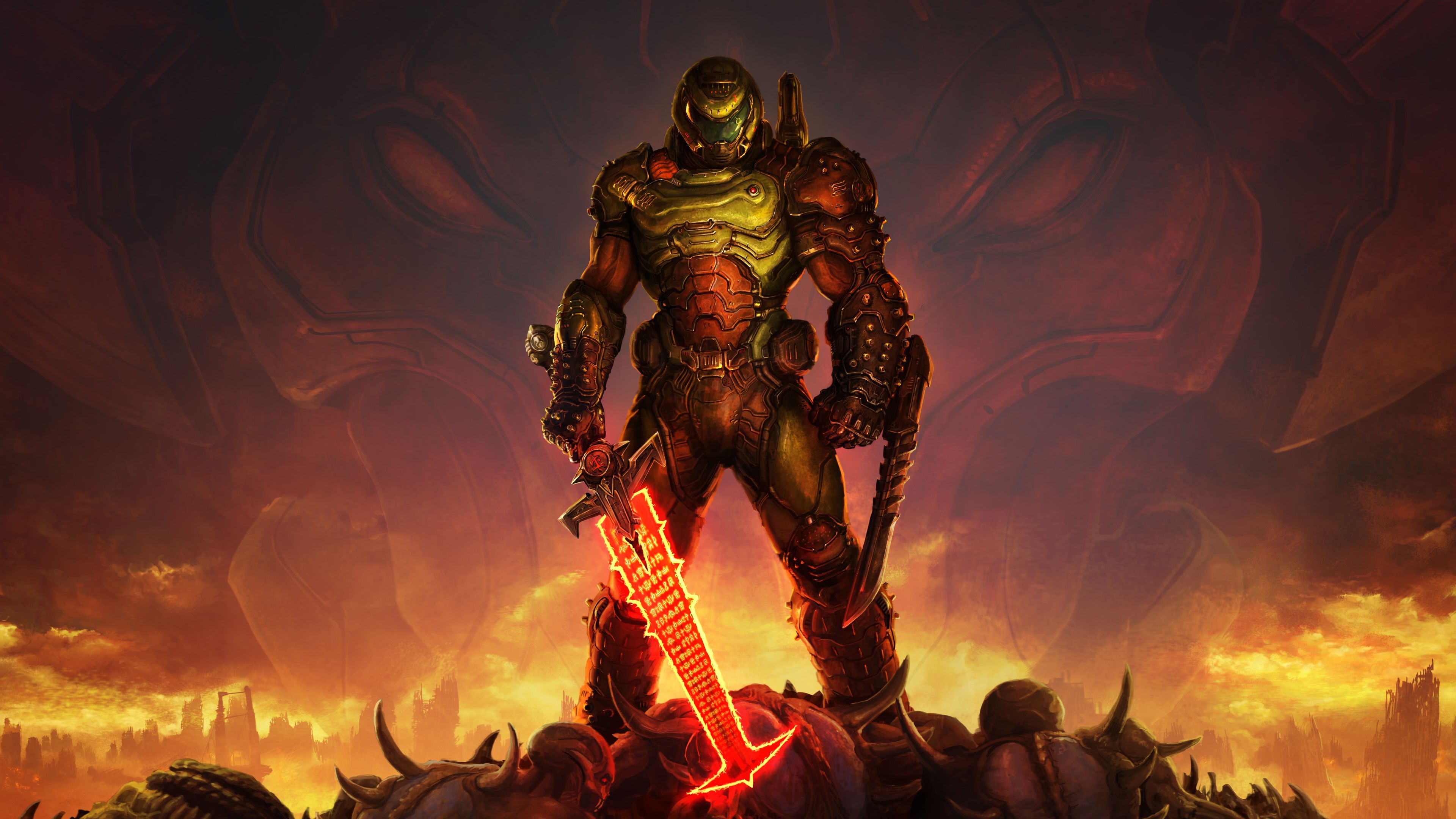 Doom Slayer, Doom Eternal, Doom, Schwert, Hölle, Feuer, 3840x2160, 4K-Hintergrundbild für PC