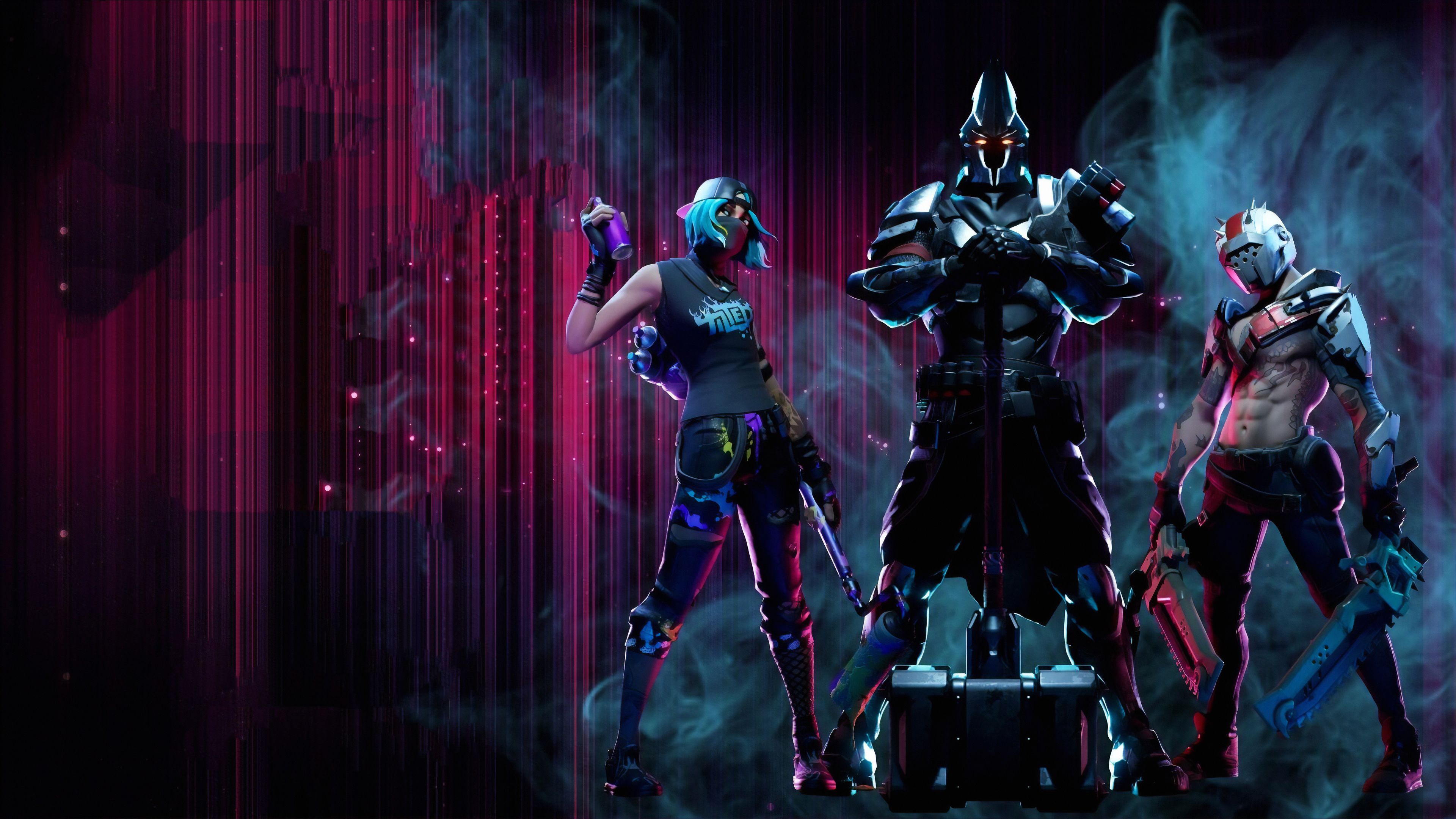 Kämpfer, Rüstung, Neonlicht, Rauch, Team, 4K 2160p, Desktop-Hintergrundbild