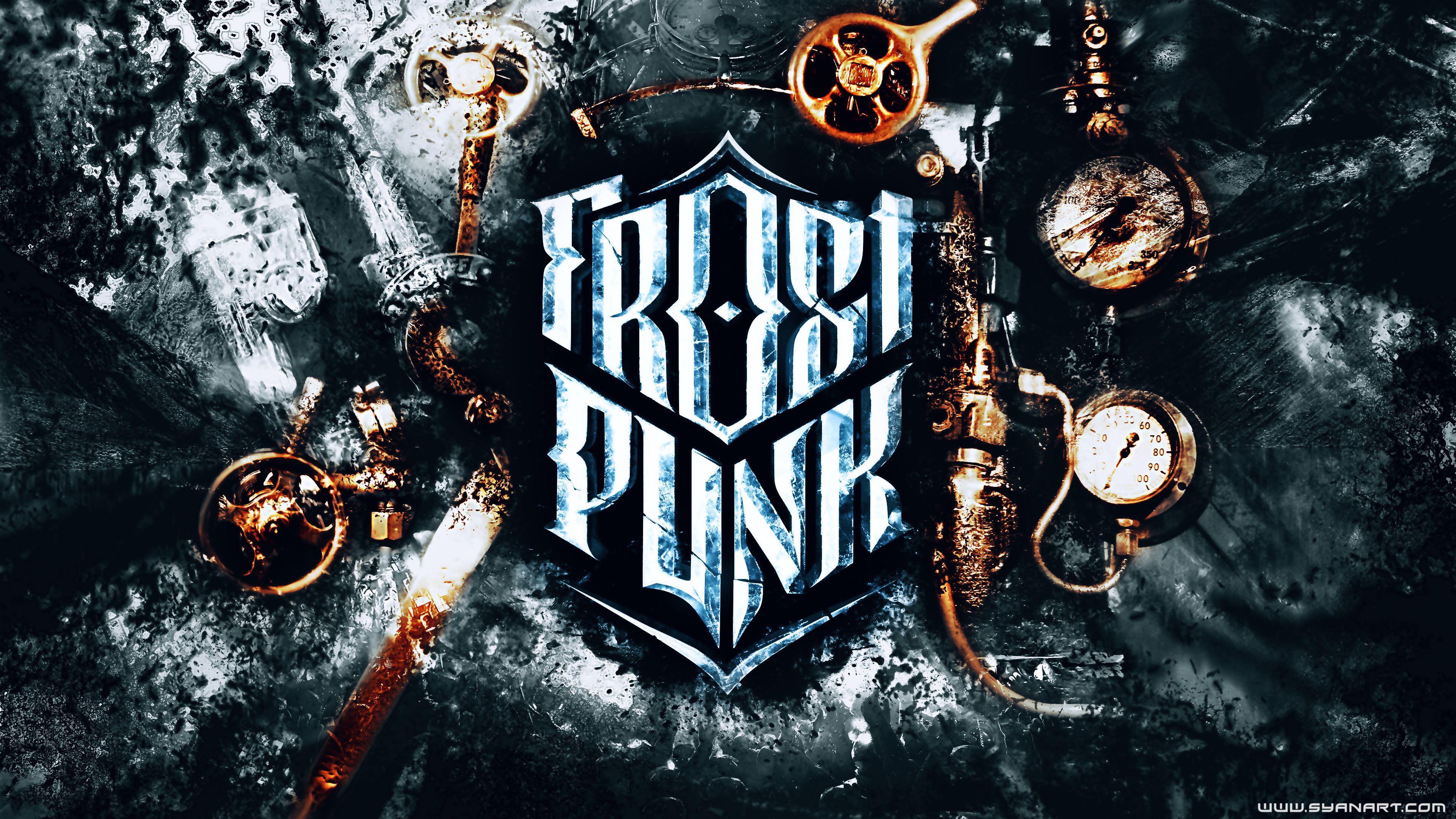 Frostpunk, Logo, Steampunk, Schnee, Zahnräder, 4K, Hintergrund für den Desktop