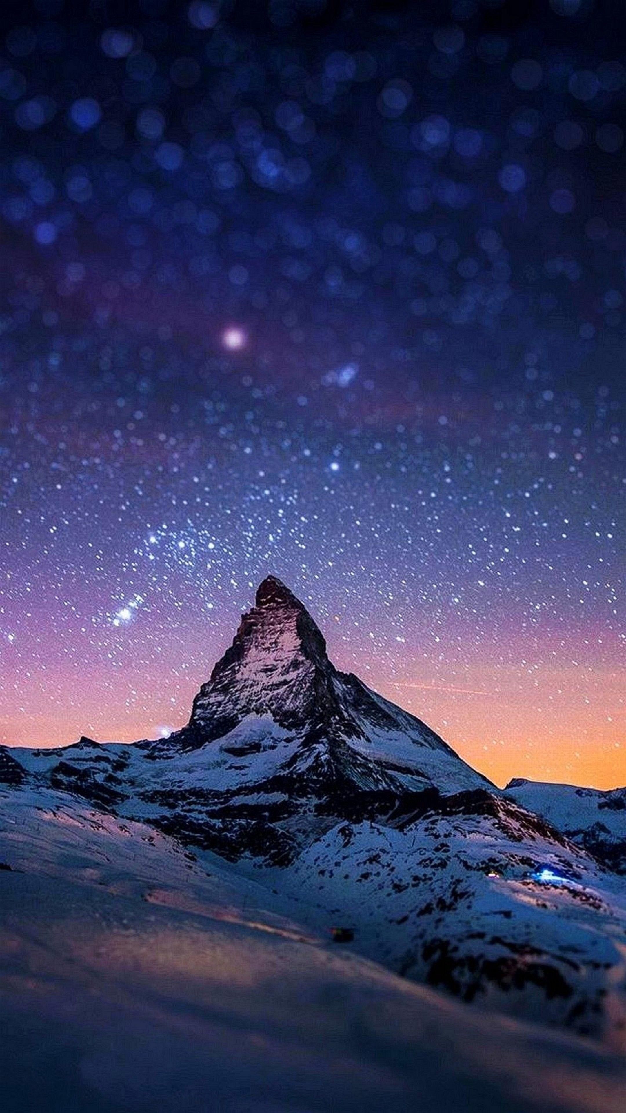 Matterhorn, Alpen, Schweiz, Sternenhimmel, Schnee, Dämmerung, QHD+, Handy-Hintergrundbild
