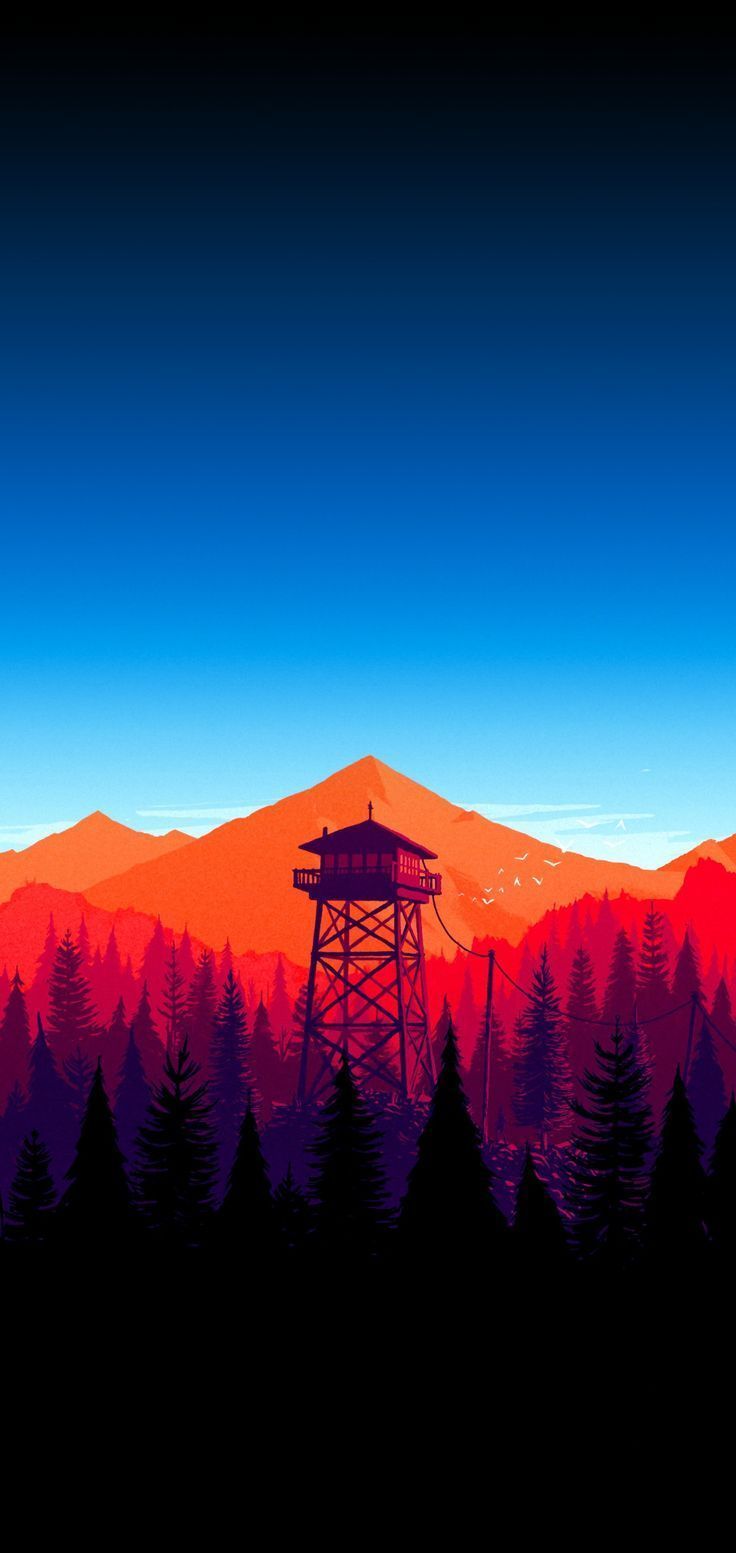 Feuerwachturm, Wald, Berge, Sonnenuntergang, Minimalistisch, HD, Handy-Hintergrundbild