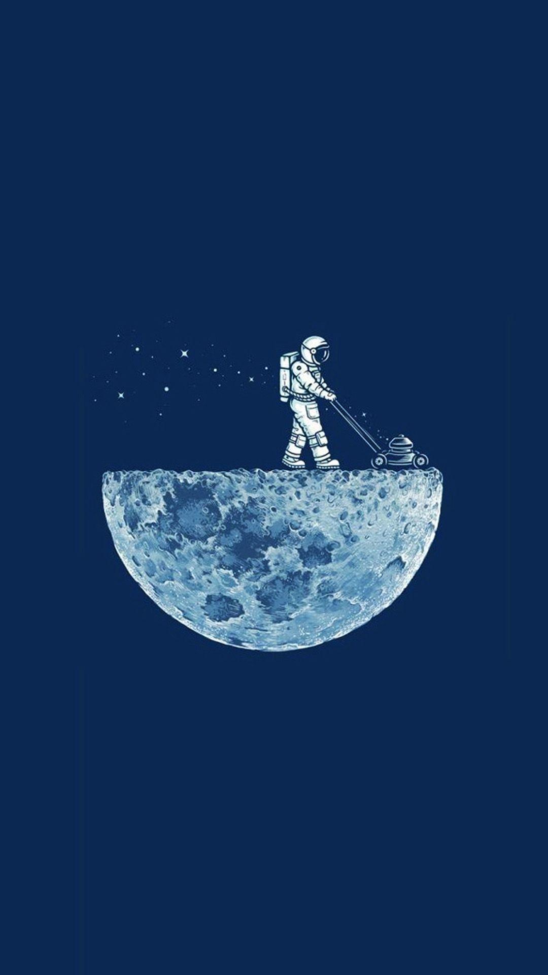 Astronaut, Mond, Rasenmäher, Minimalismus, Dunkelblau, Full HD, Handy-Hintergrund im Hochformat