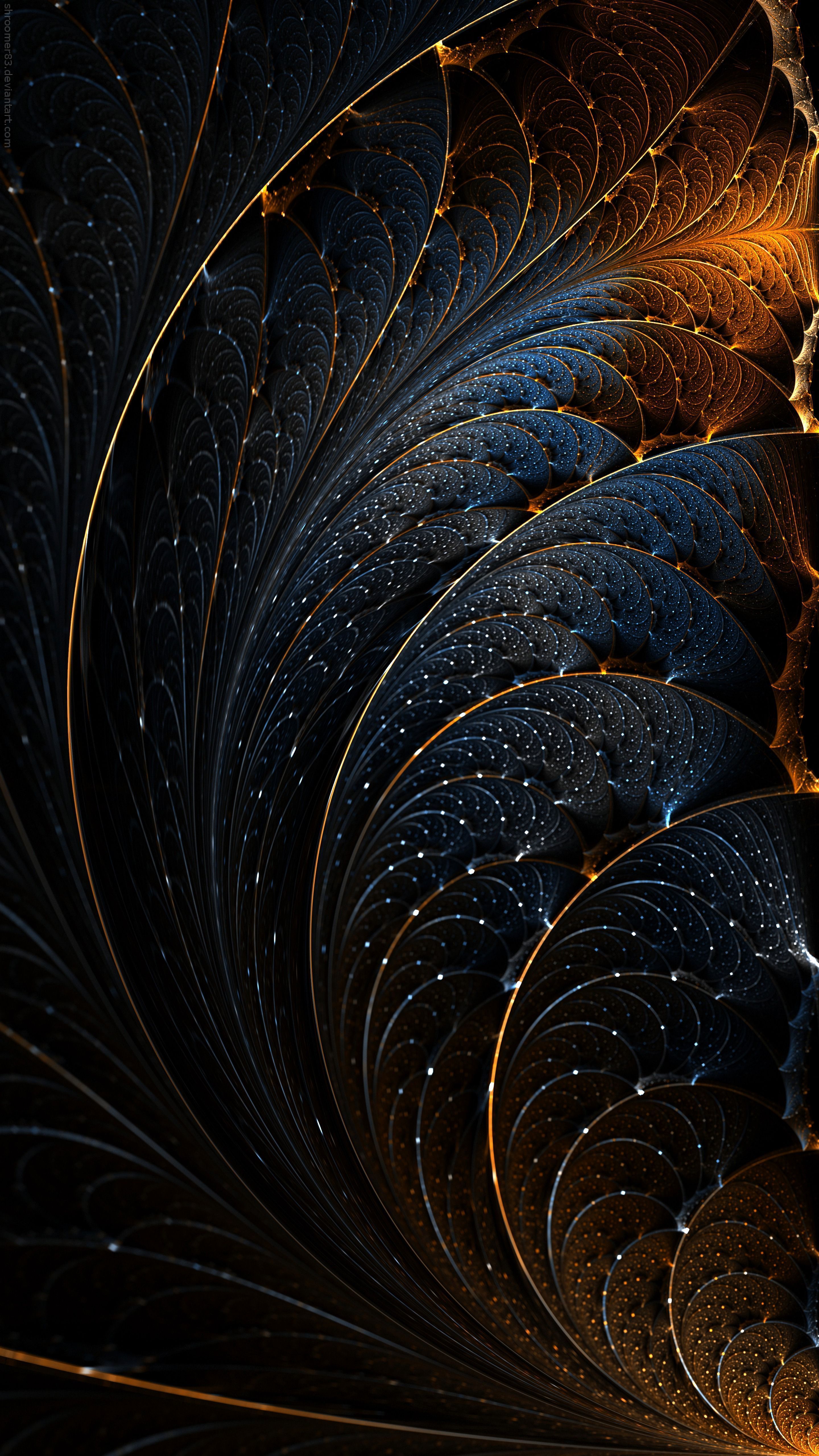 Fraktal, Spirale, Gold, Schwarz, Abstrakt, QHD+, Hintergrundbild fürs Handy
