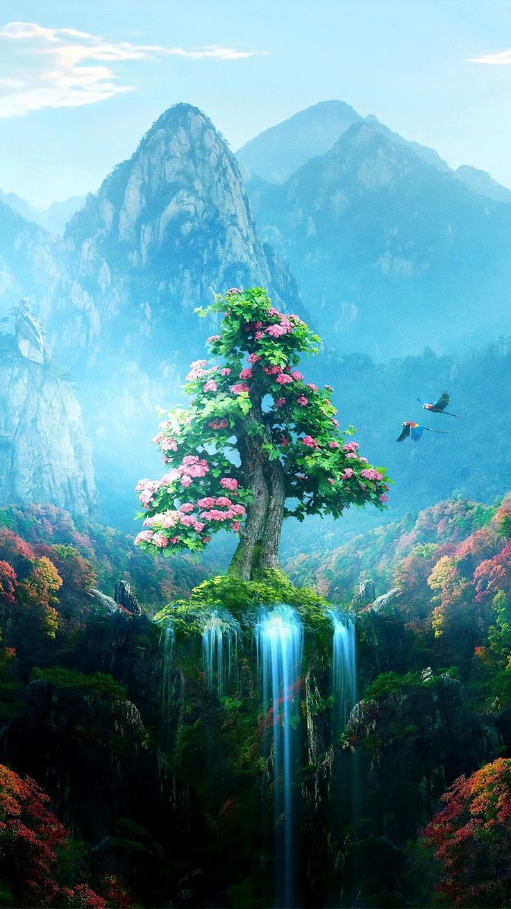 Fantasy-Baum, Wasserfall, Berge, Digitale Kunst, Grün, Hochformat, Hintergrundbild fürs Smartphone
