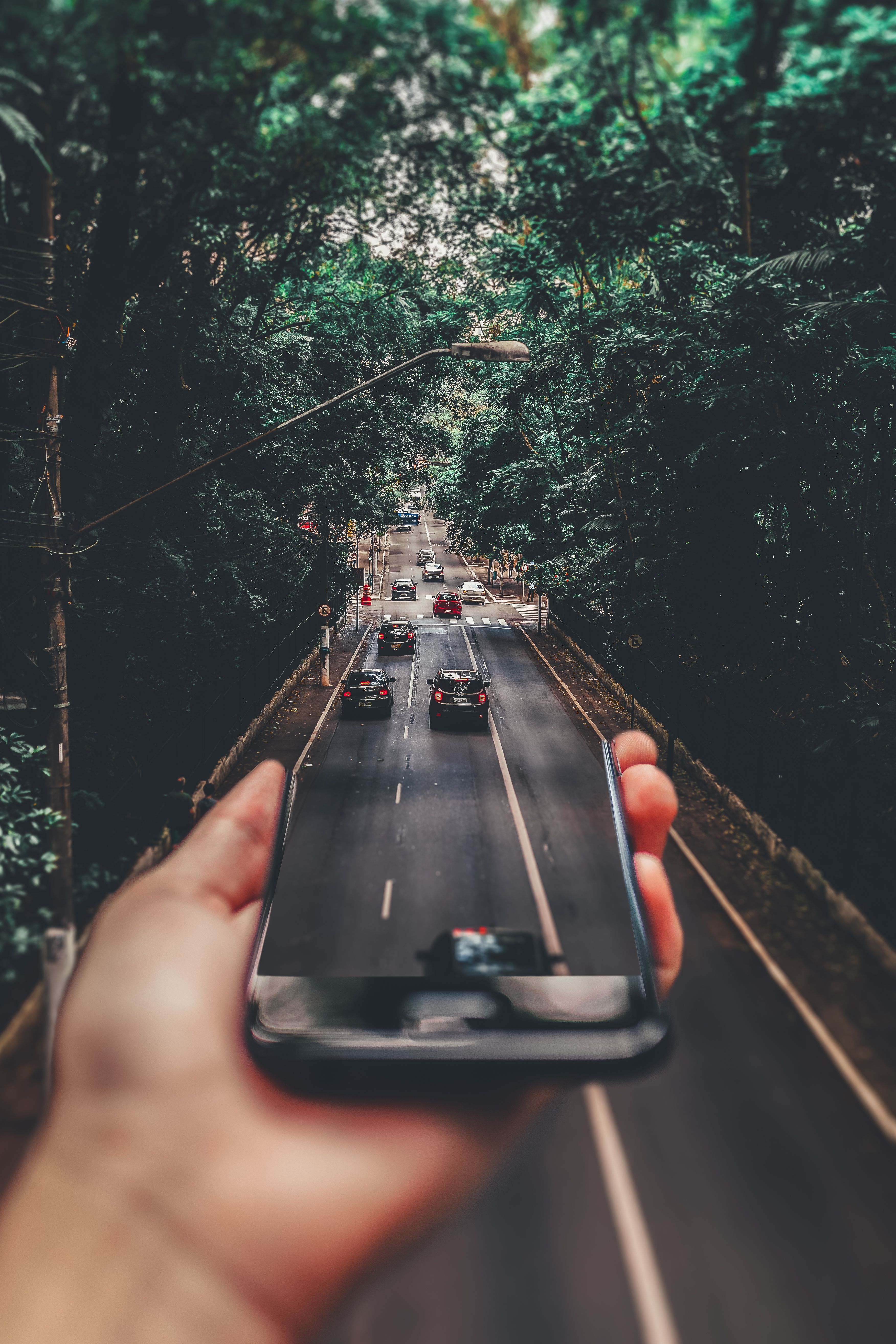 Smartphone, Hand, Straße, Wald, Optische Täuschung, QHD+, Sperrbildschirm fürs iPhone
