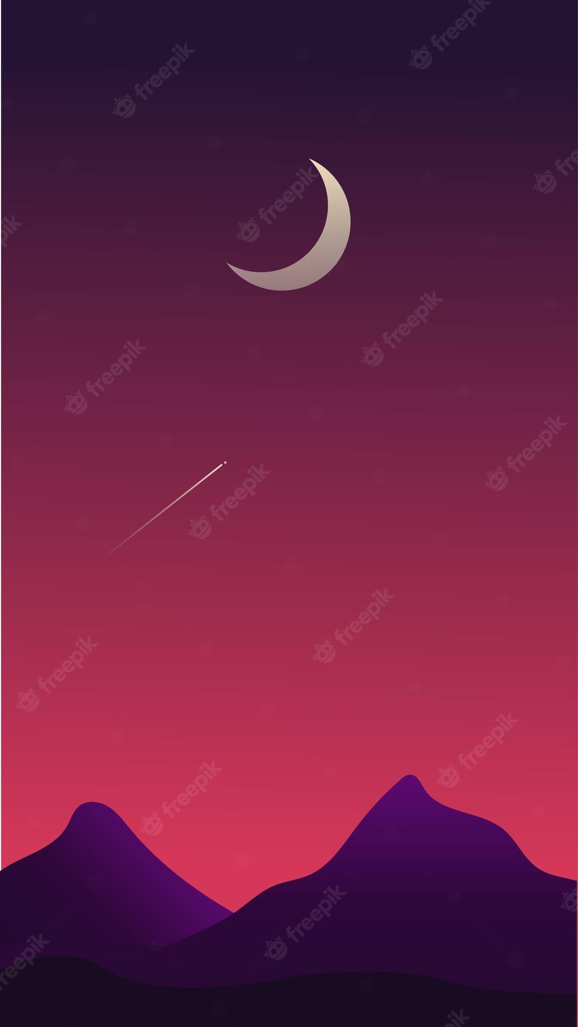 Mondsichel, Berge, Rosa Himmel, Flache Illustration, Minimalismus, Full HD, Handy-Hintergrundbild
