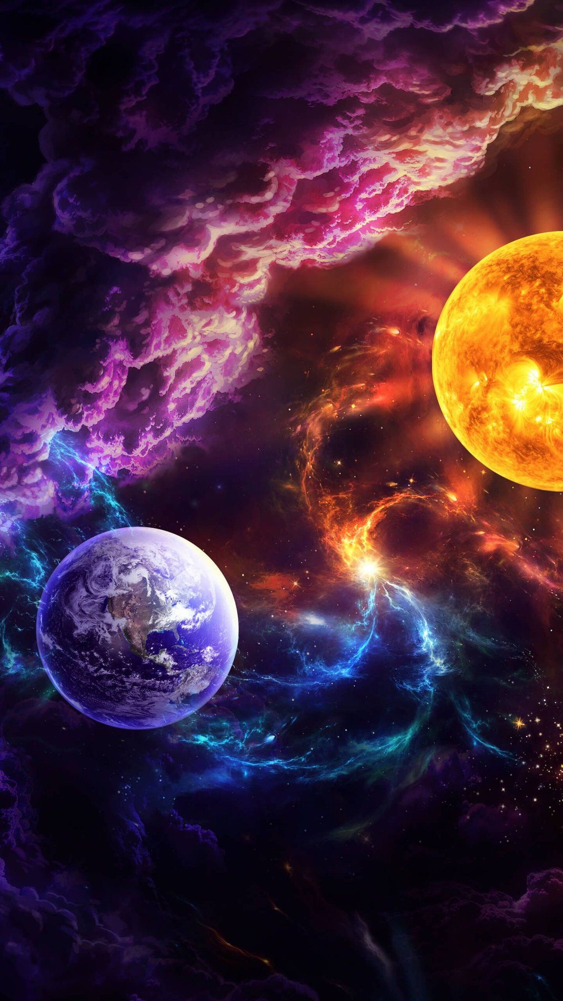 Planeten, Weltraum, Nebel, Sonne, Digitale Kunst, Full HD, Sperrbildschirm fürs iPhone
