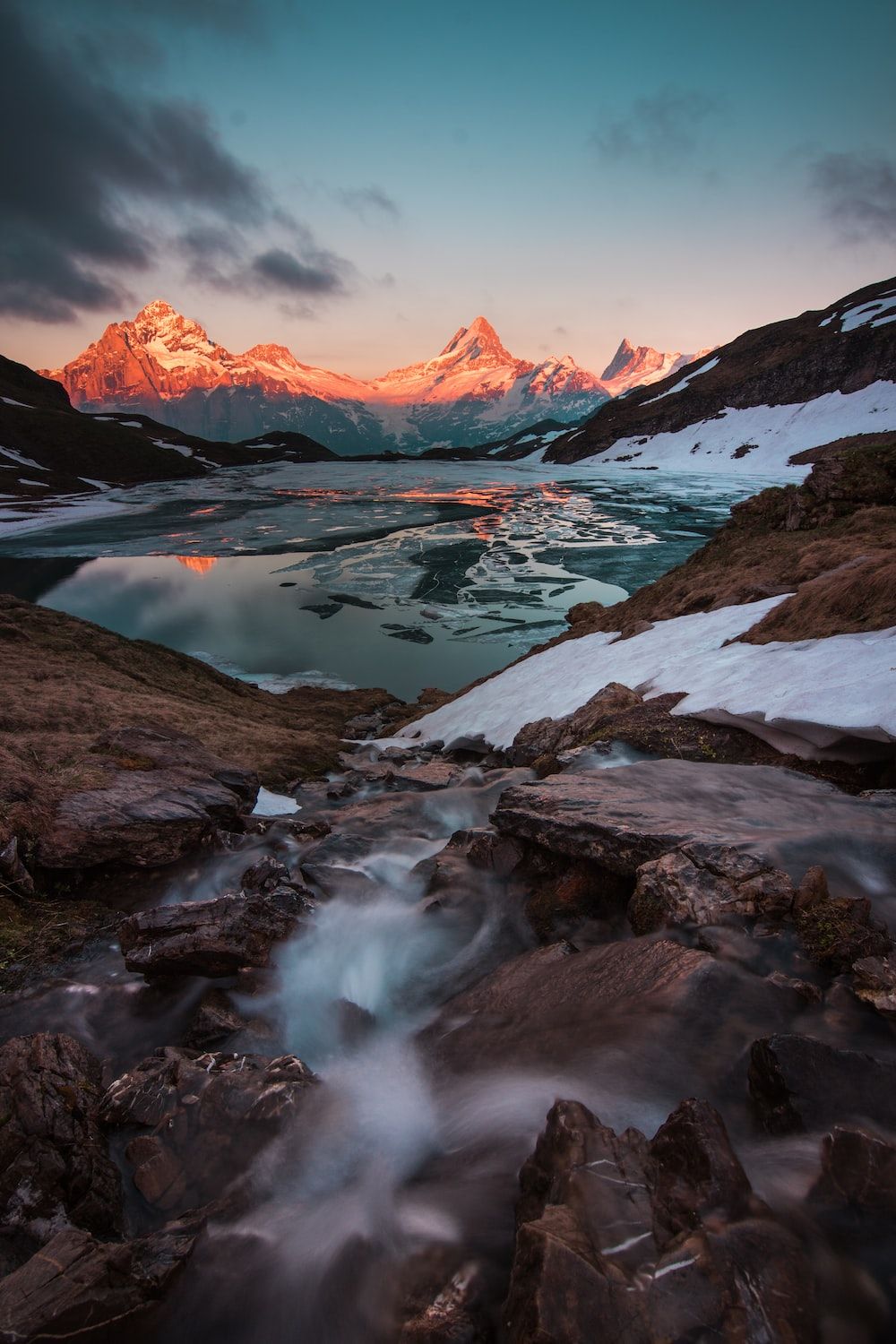 Bergsee, Gletscher, Bach, Alpenglühen, Wolken, HD, Hintergrundbild fürs Handy