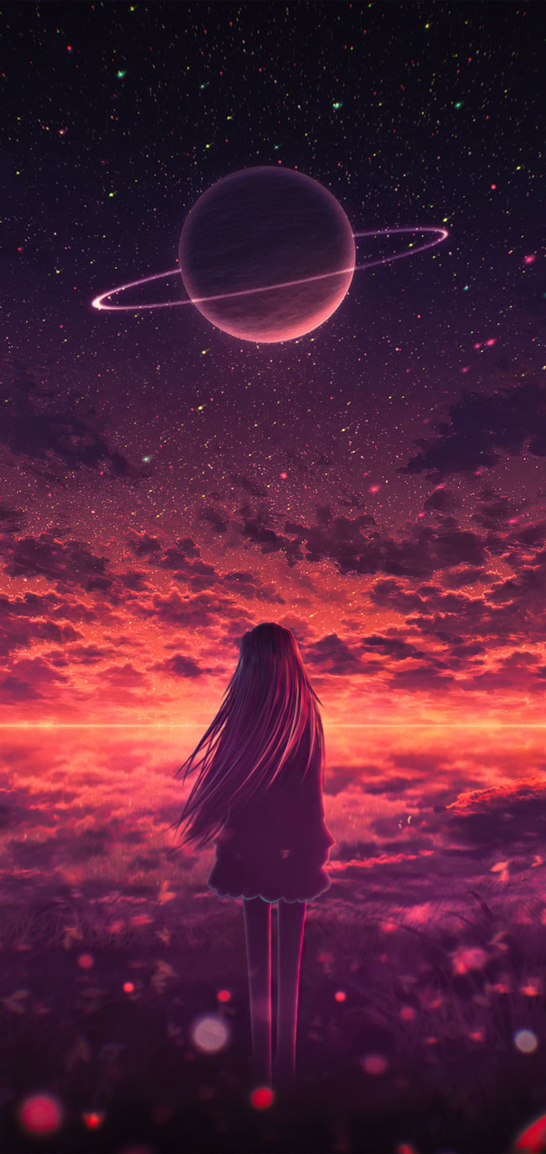 Saturn, Mädchen, Rosa Himmel, Wolken, Anime-Stil, Full HD, Sperrbildschirm fürs iPhone