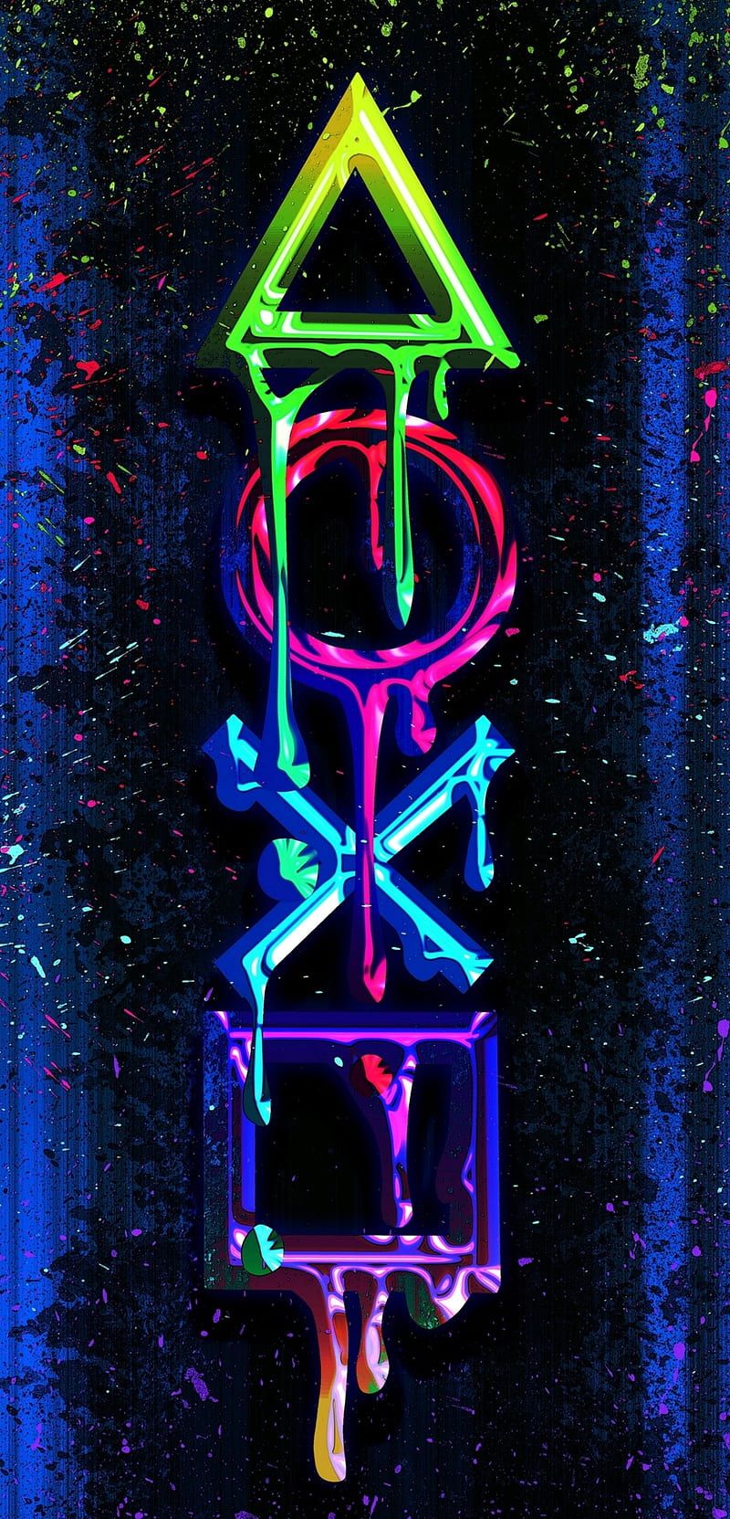 PlayStation, Controller-Symbole, Neonfarben, Dunkler Hintergrund, Sperrbildschirm fürs iPhone