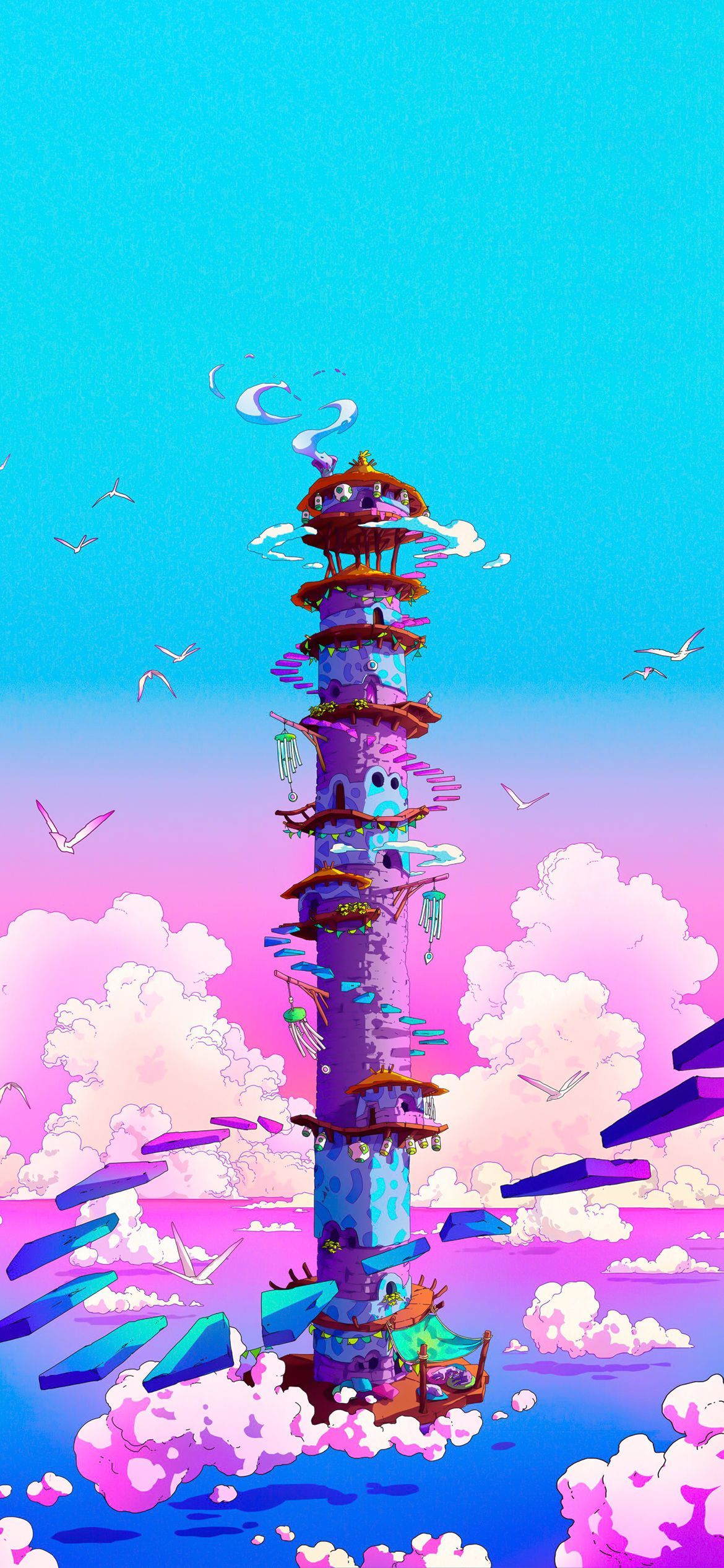 Turm, Pagode, Wolken, Pixel-Art, Vaporwave, Türkis, Full HD, Hintergrundbild fürs Handy