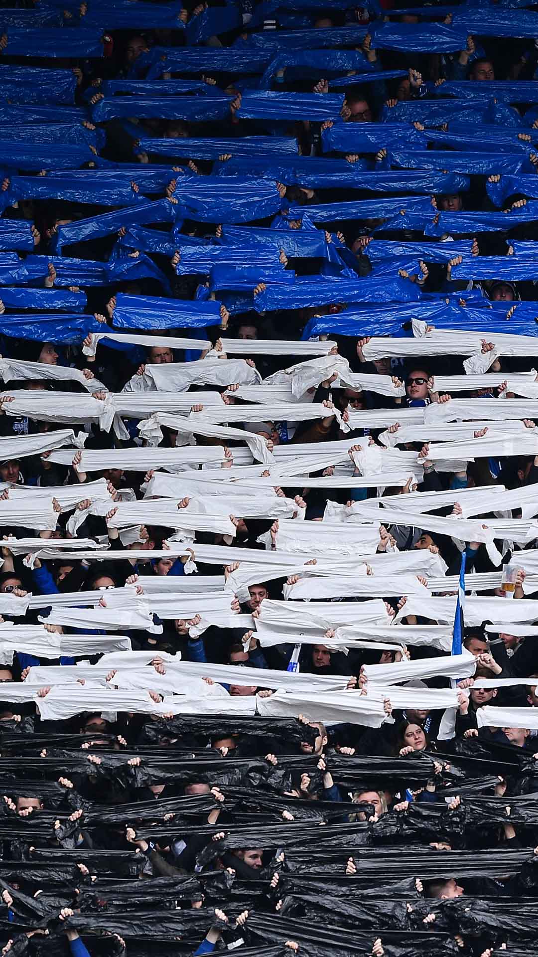 Fankurve, Fahnen, Stadion, Blau, Weiß, Schwarz, Full HD, Handy-Hintergrund im Hochformat