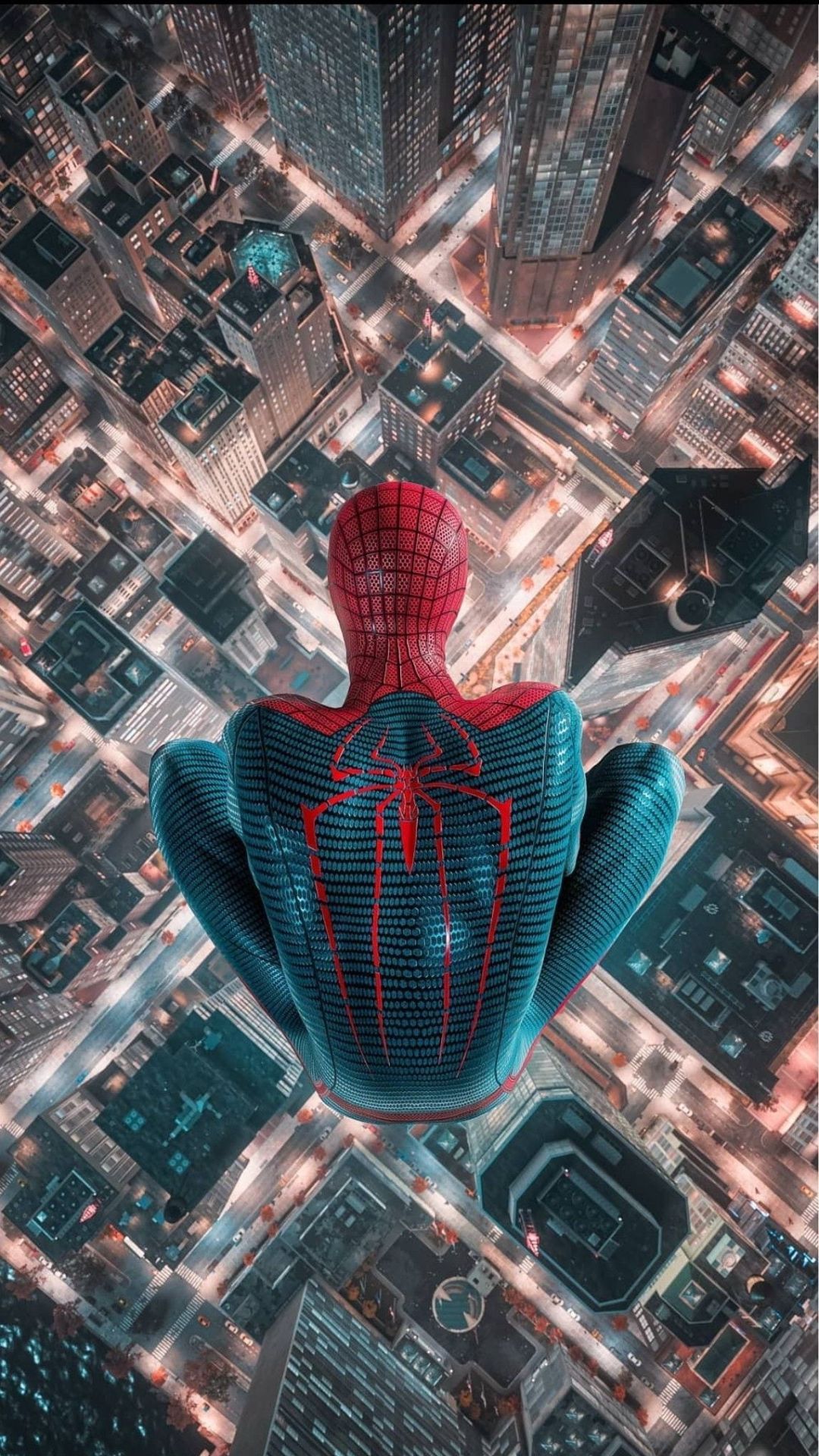 Spider-Man, Marvel, Stadt, Vogelperspektive, Nacht, Hochformat, Hintergrundbild fürs Smartphone
