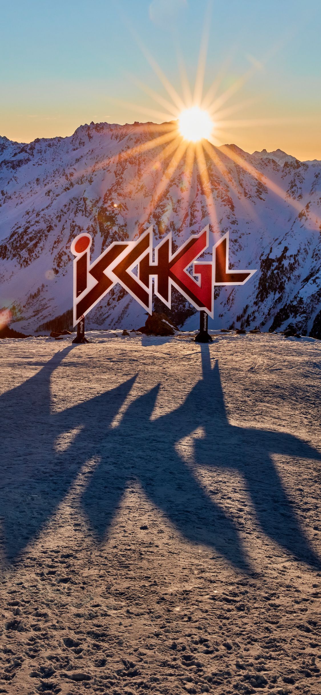 Ischgl, Österreich, Alpen, Schriftzug, Sonnenstern, Schatten, Full HD, Handy-Hintergrund