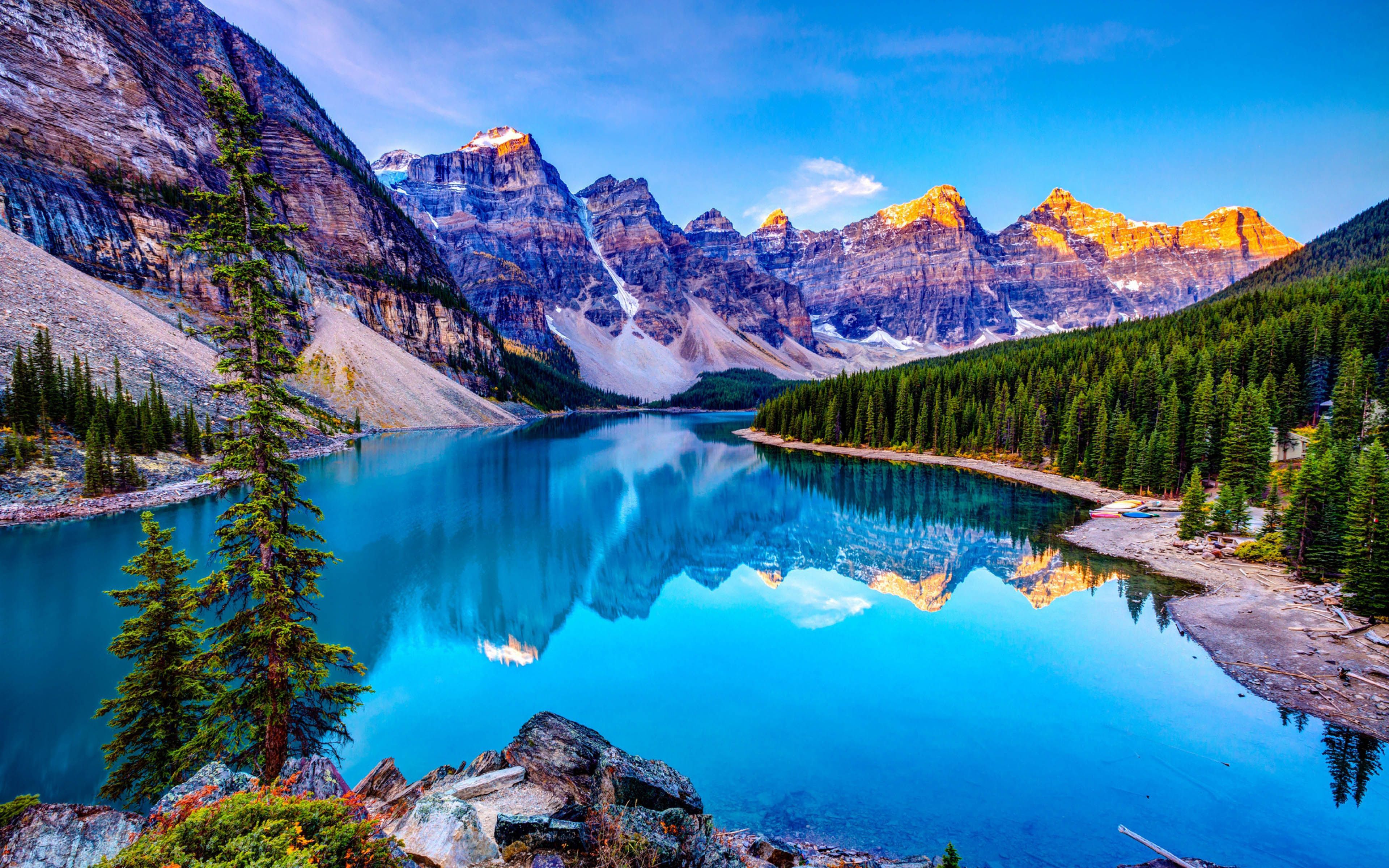 Bergsee, Rocky Mountains, Türkises Wasser, Gipfel, Nadelwald, 4K, PC-Hintergrundbild