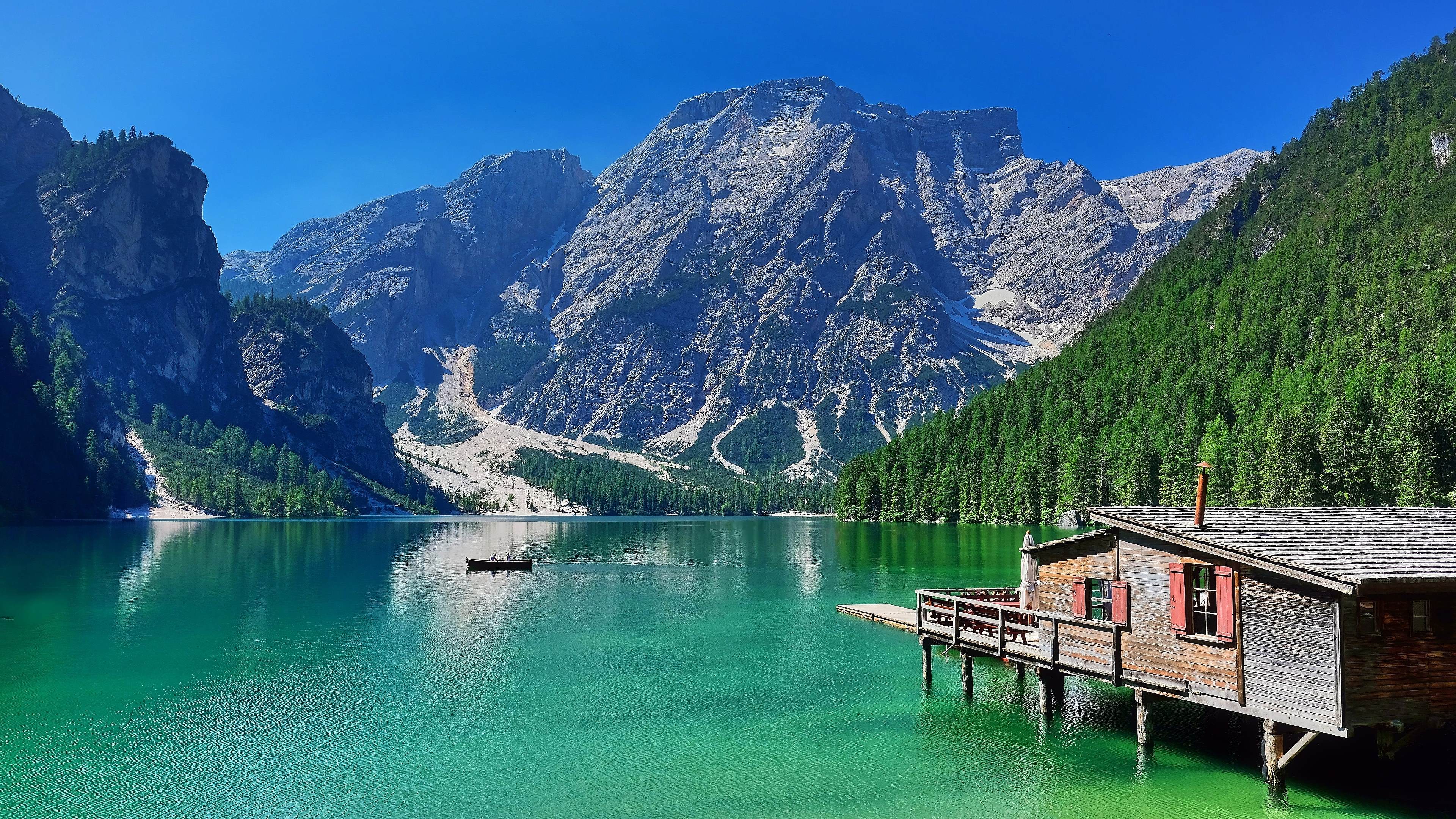Pragser Wildsee, Lago di Braies, Dolomiten, Südtirol, Bootshaus, Bergsee, 4K, Breitbild-Hintergrundbild