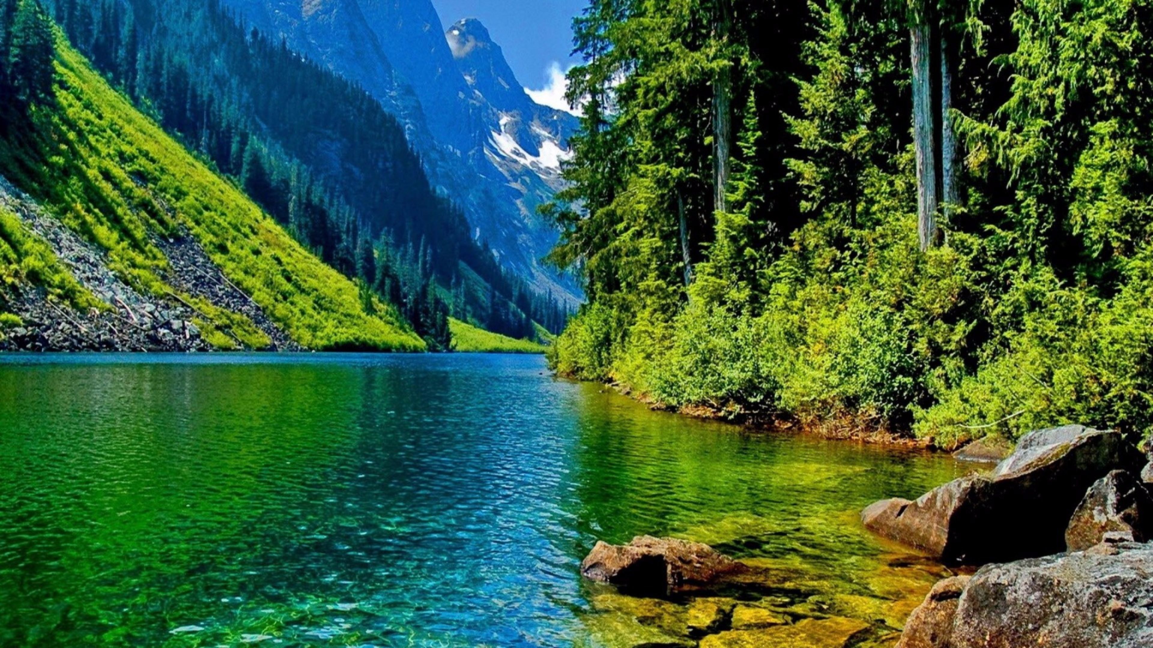 Bergsee, Grüner Wald, Felsen, Klares Wasser, 16:9, 4K-Hintergrundbild für den Desktop
