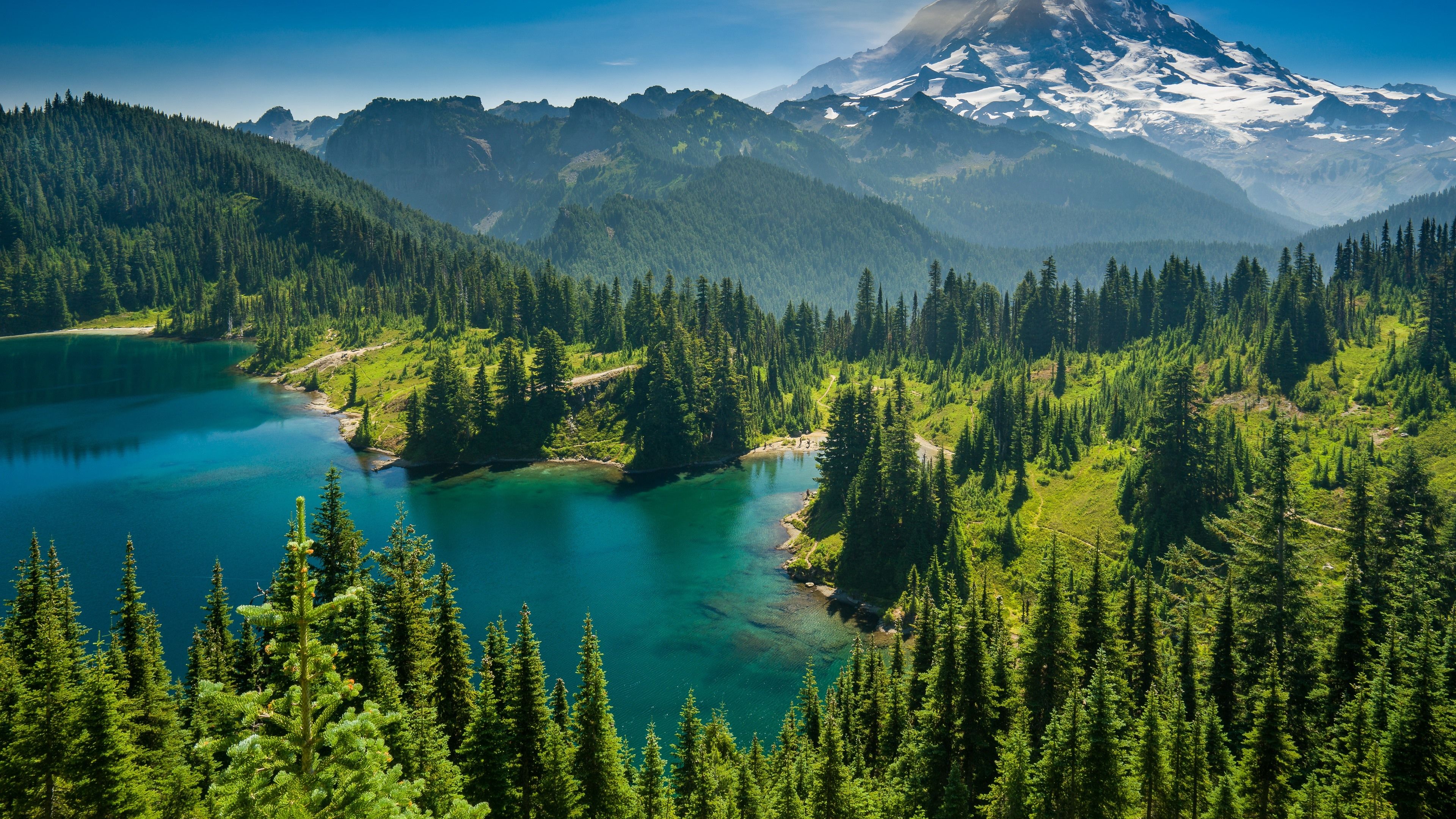 Bergsee, Nadelwald, Schneeberg, Luftaufnahme, 4K, Hintergrundbild für den PC