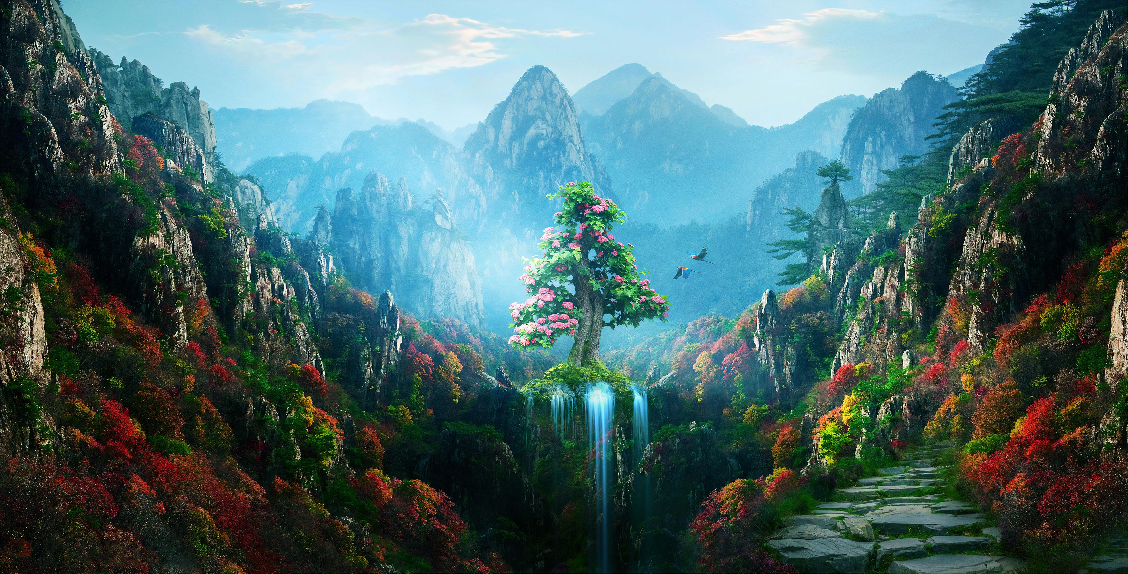 Fantasy-Tal, Wasserfall, Baum, Berge, Digitale Kunst, 4K, Hintergrund für den Desktop