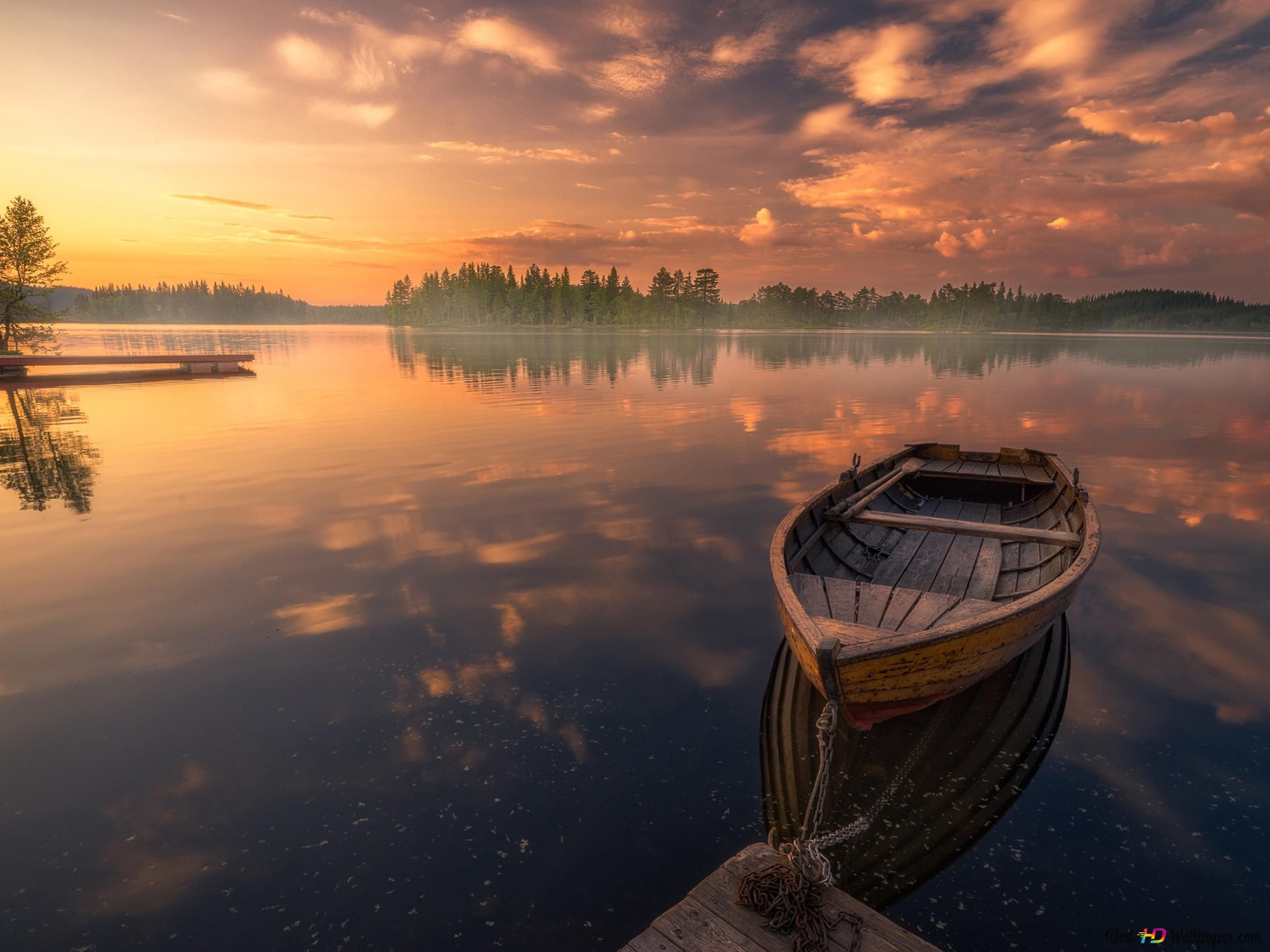 Ruderboot, See, Sonnenaufgang, Nebel, Goldenes Licht, 2K, Hintergrundbild fürs Tablet