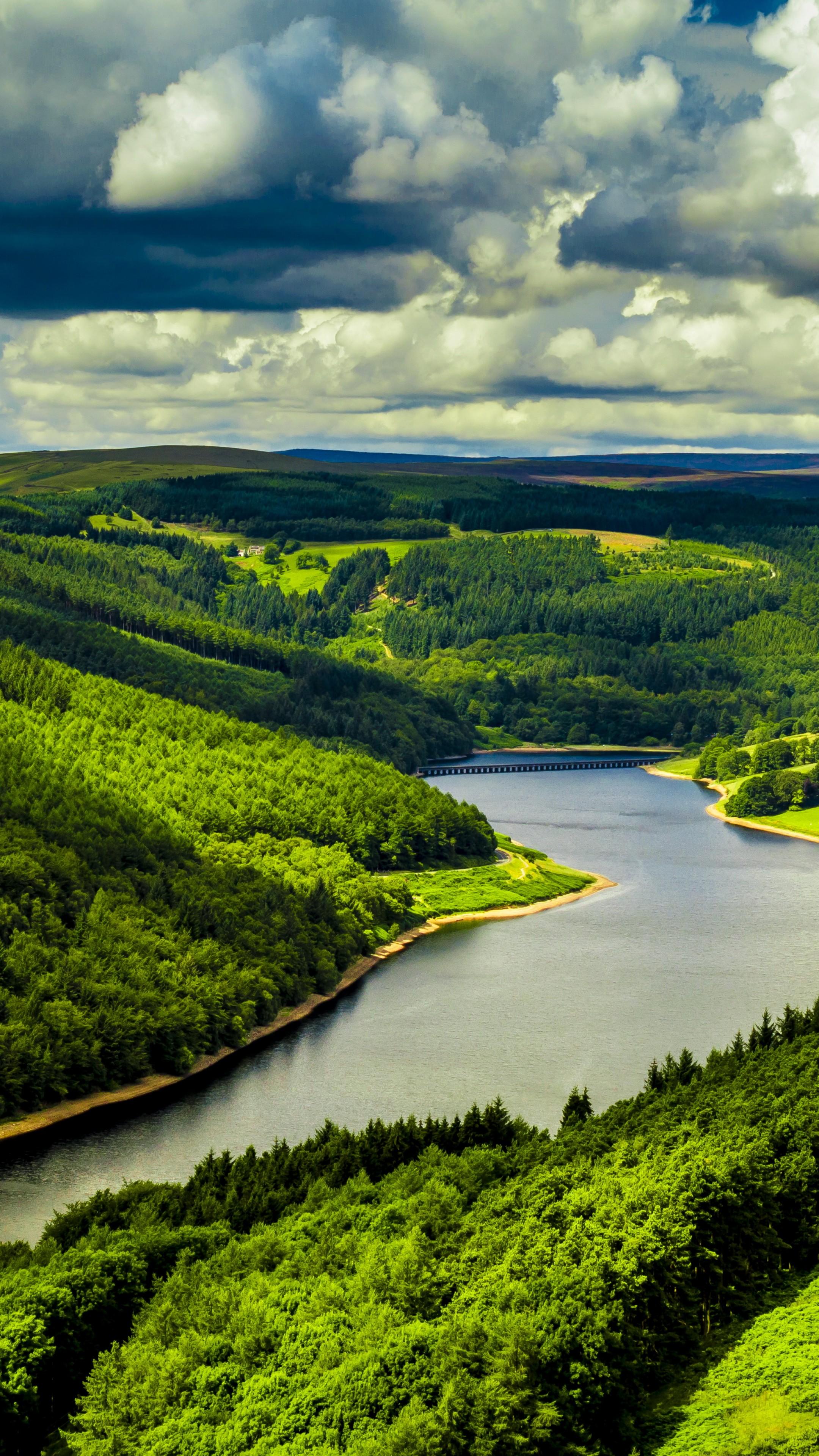 Fluss, Grüne Hügel, Wald, Wolken, QHD+, Hintergrundbild fürs Handy