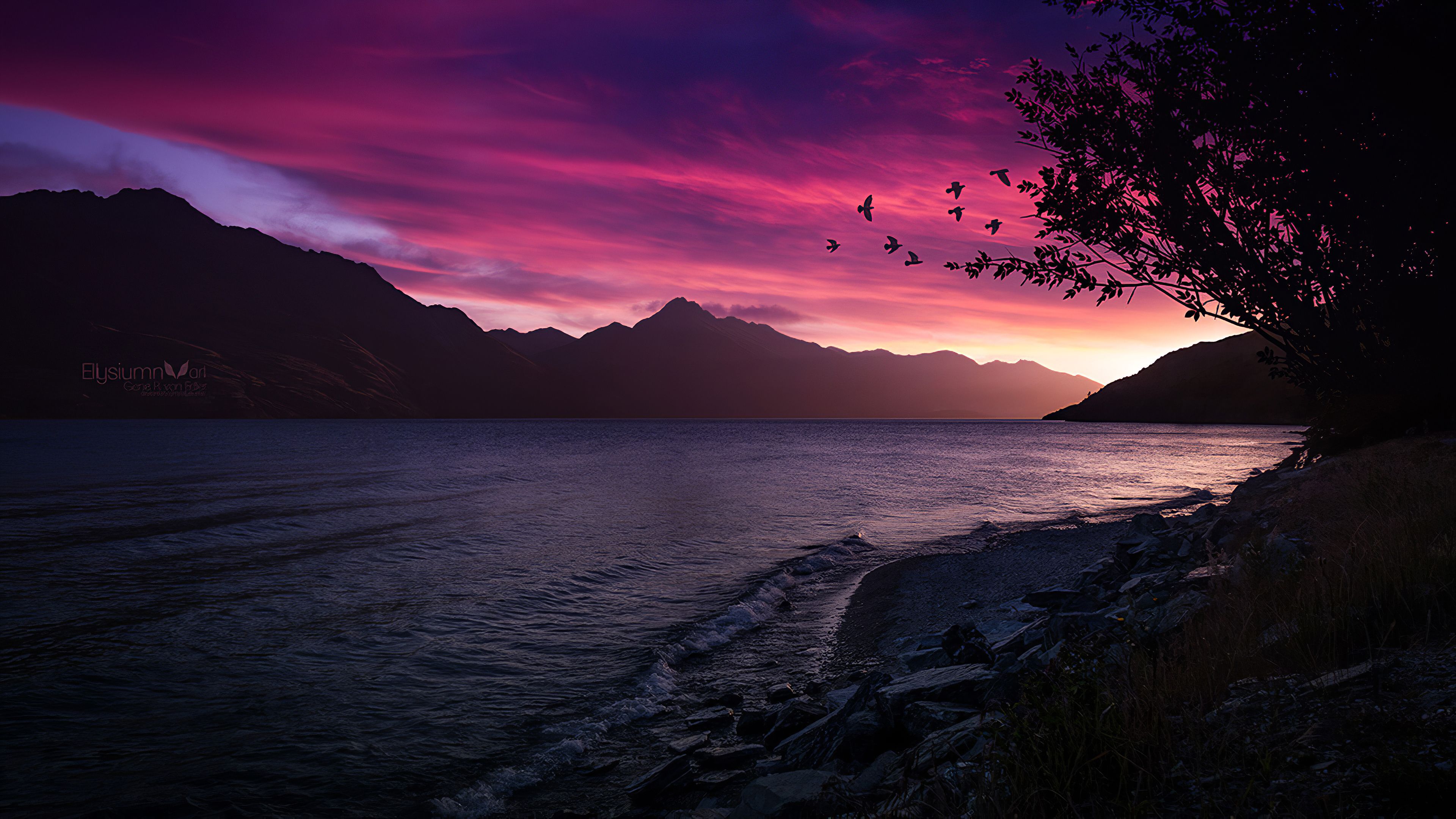 See, Berge, Sonnenuntergang, Lila Himmel, Vögel, 4K, Hintergrundbild für den PC