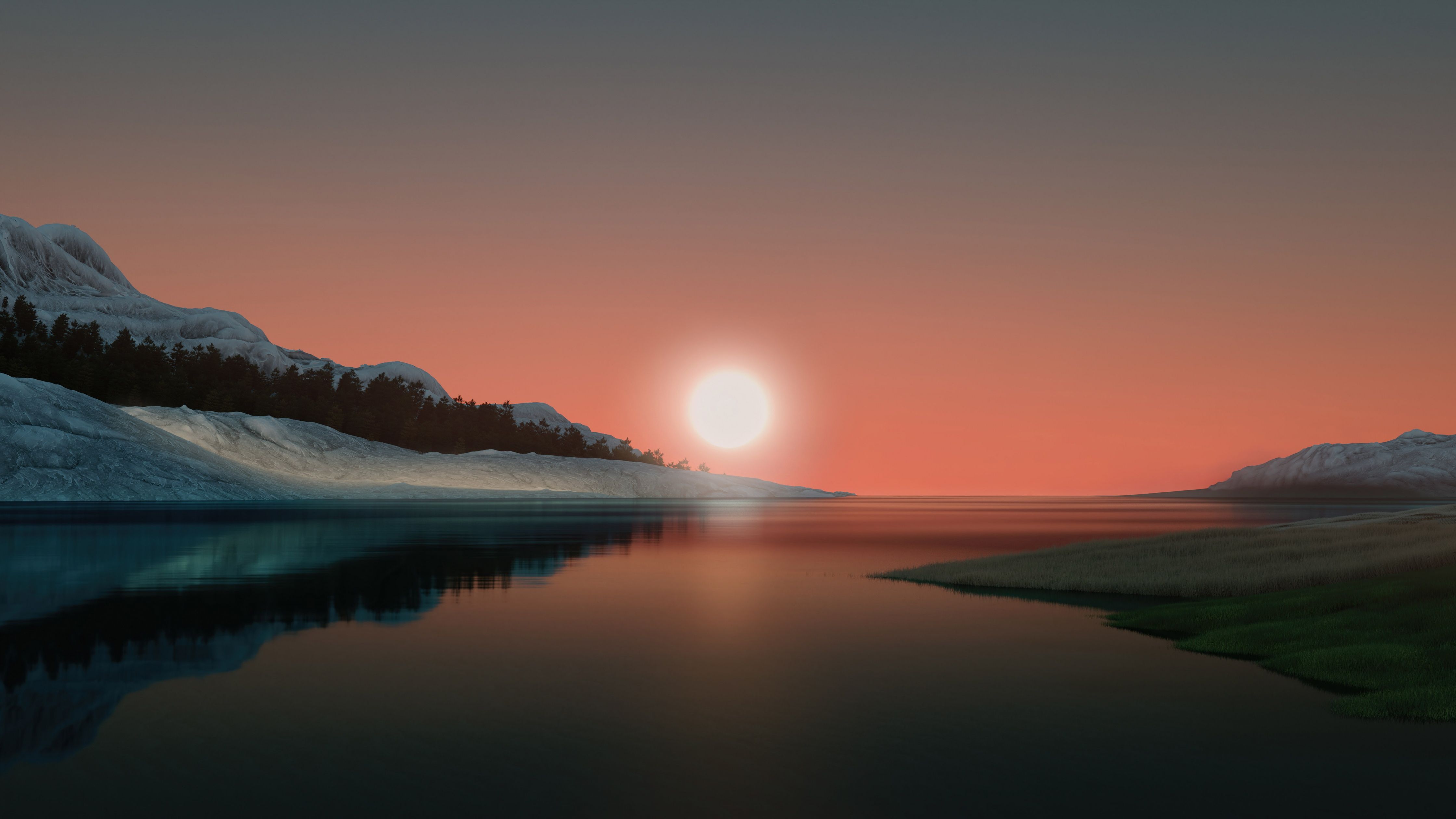 See, Sonnenuntergang, Spiegelung, Minimalismus, 4K, Hintergrundbild für den PC