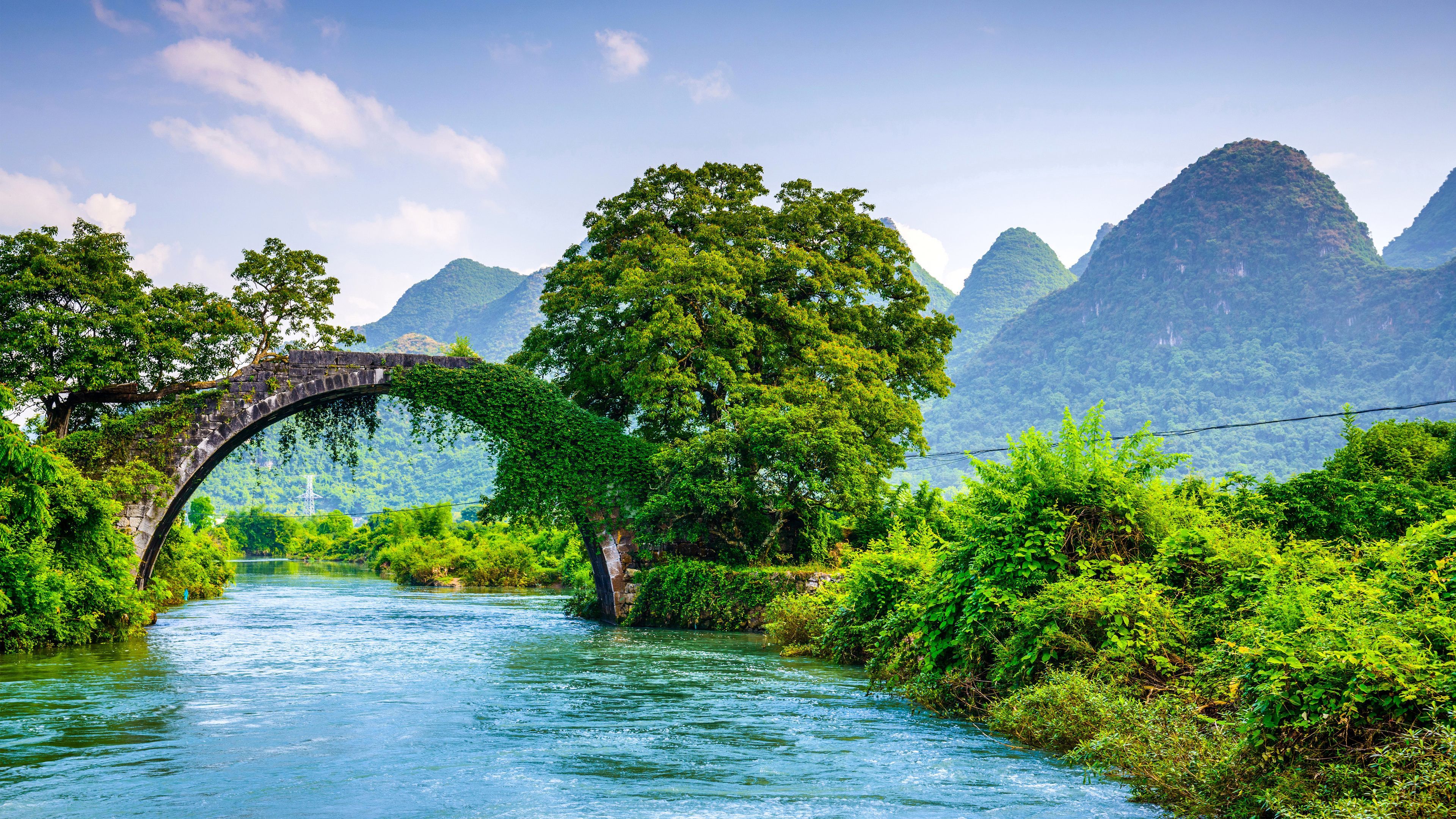 Yulong-Brücke, Yangshuo, China, Karstberge, Steinbrücke, Fluss, 3840x2160, PC-Hintergrundbild