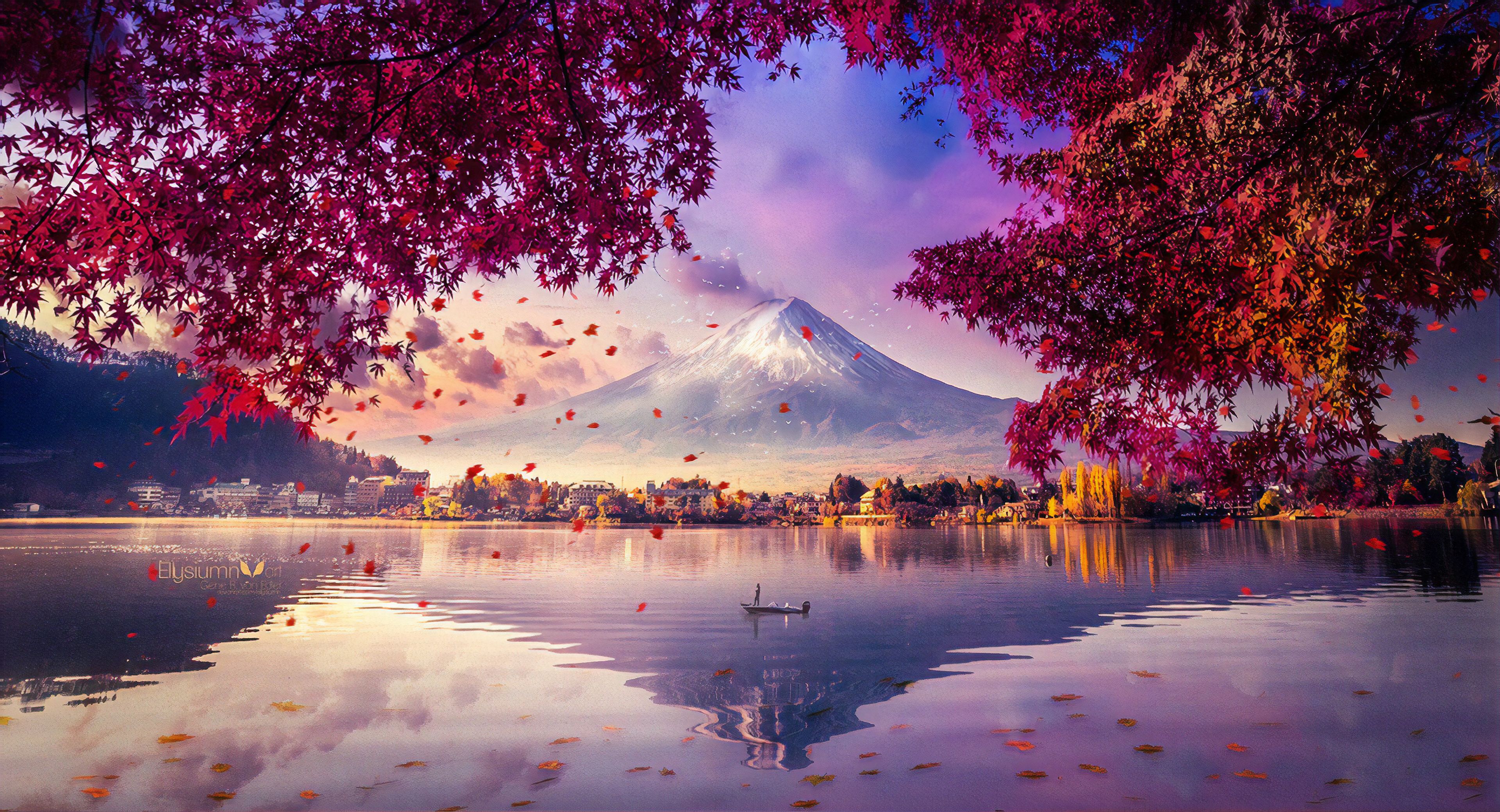 Fuji, Japan, Rote Blätter, See, Spiegelung, Dämmerung, 4K, Hintergrundbild für den PC