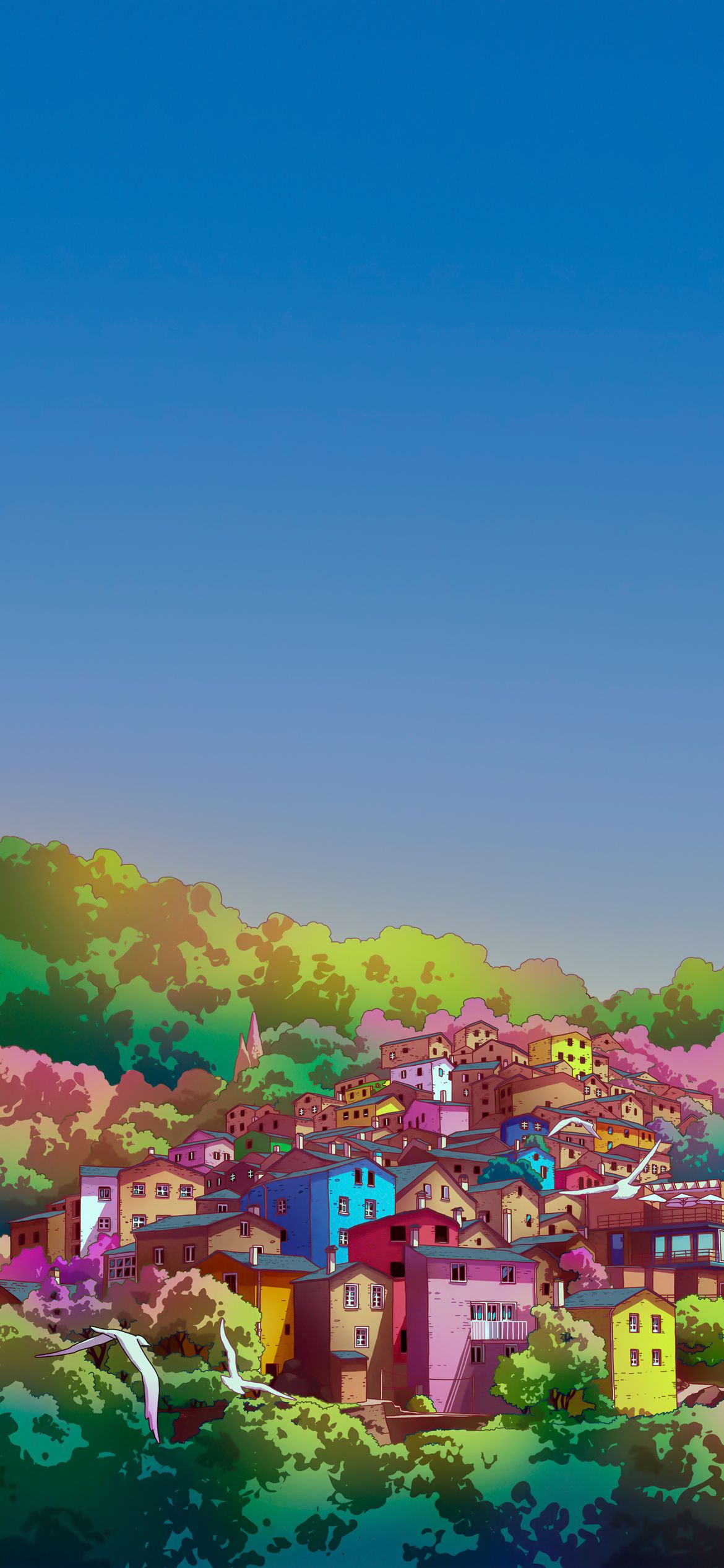 Bunte Häuser, Hügel, Dorf, Blauer Himmel, Illustration, Full HD, Sperrbildschirm fürs iPhone