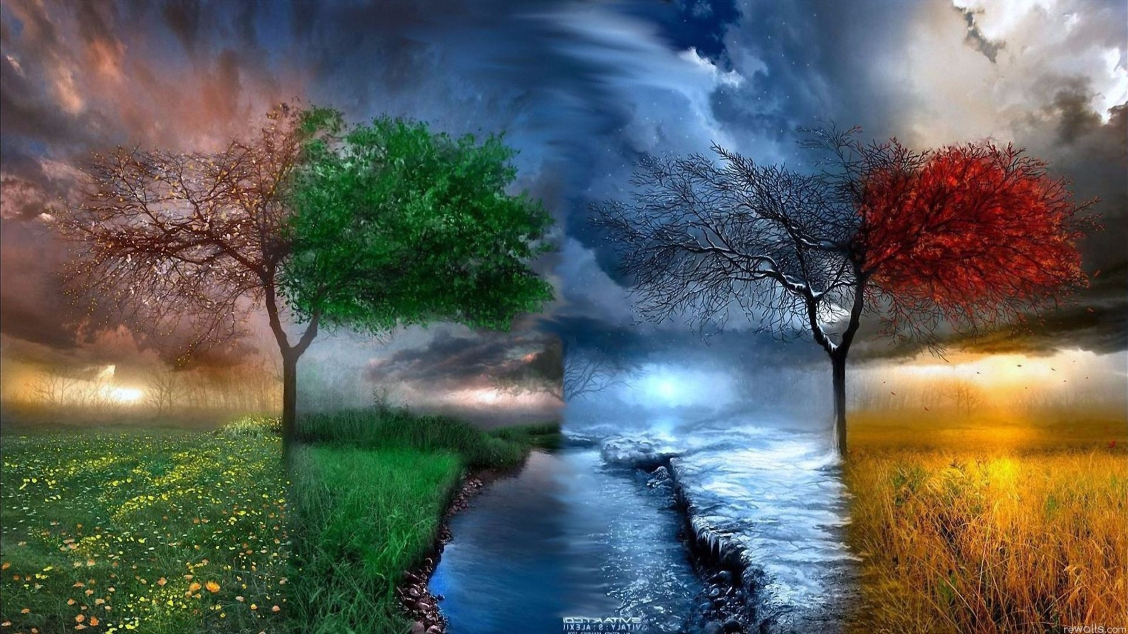 Vier Jahreszeiten, Bäume, Fluss, Collage, Surreal, 4K, Hintergrundbild für den PC