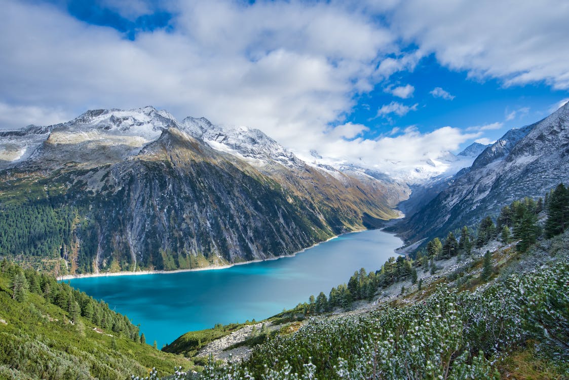 Alpen, Stausee, Türkis, Tal, Schneegipfel, Hintergrundbild