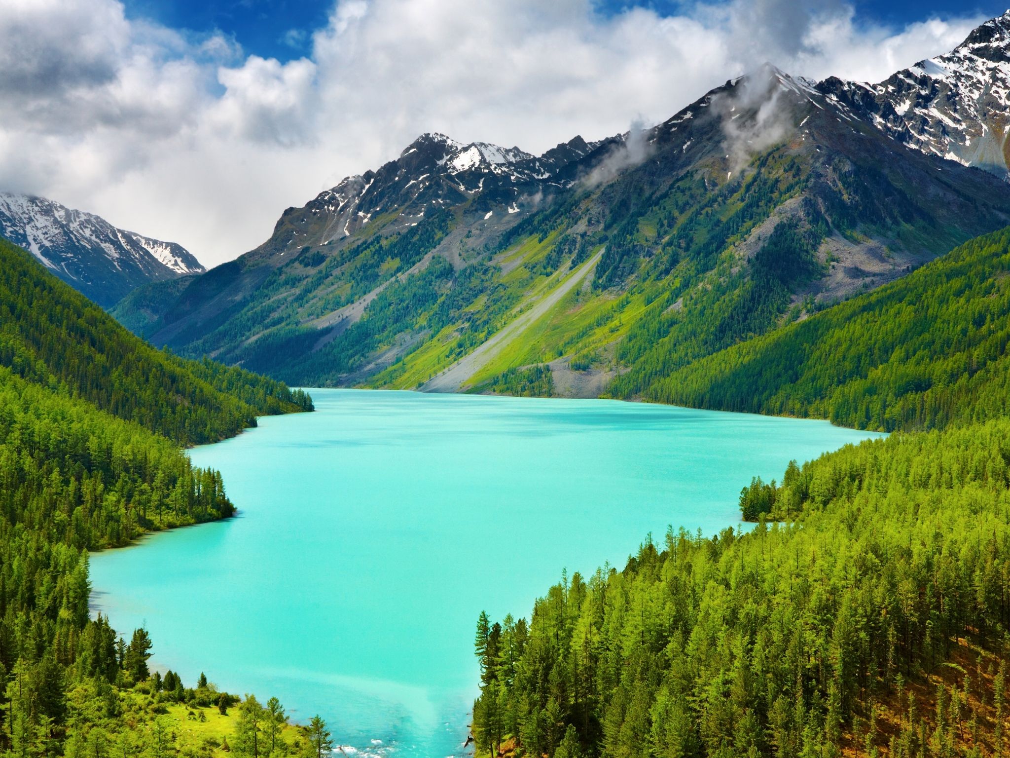 Bergsee, Türkises Wasser, Wald, Schneeberge, Full HD, Hintergrundbild fürs Tablet