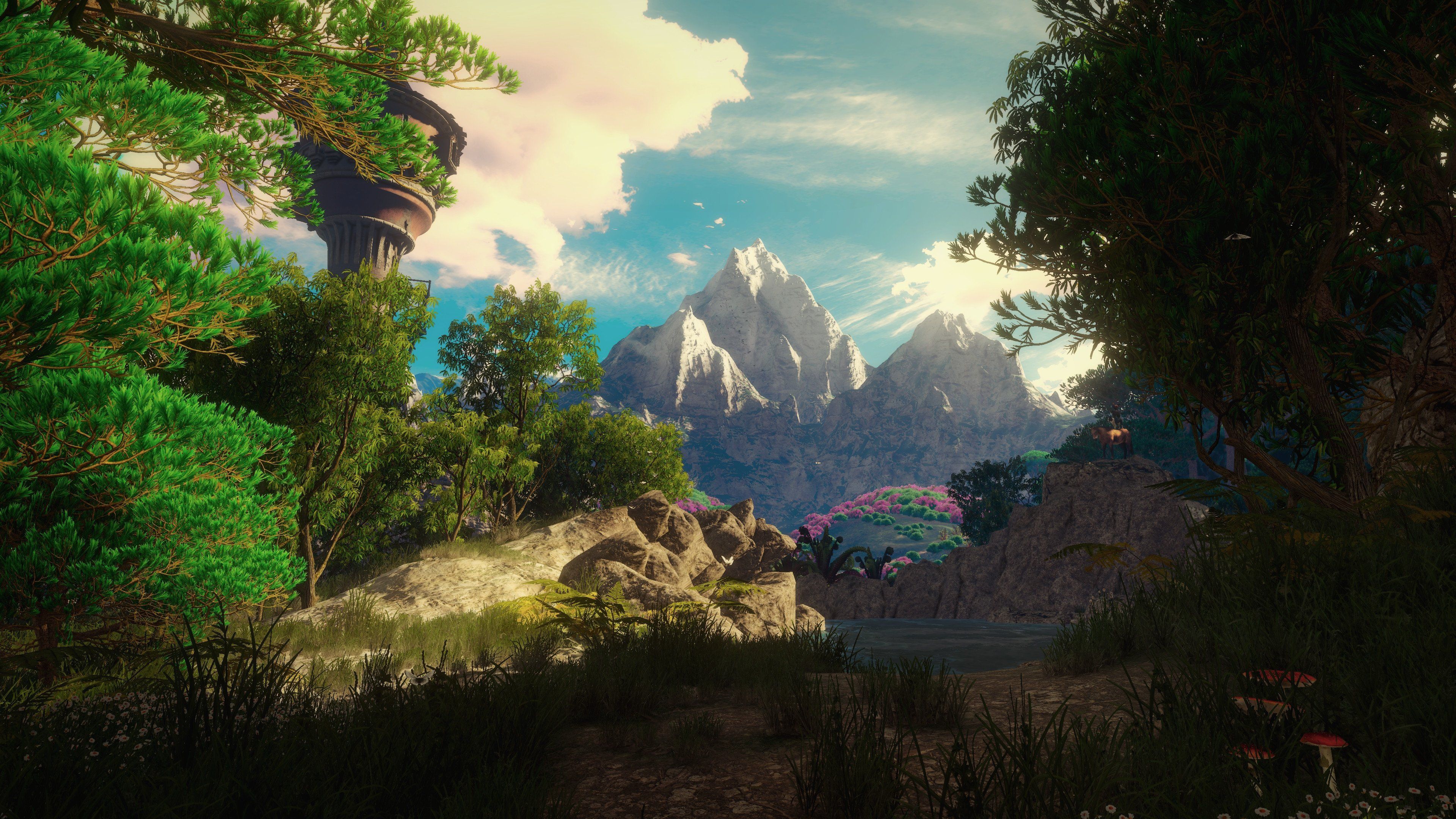 Fantasy-Landschaft, Berge, Bäume, Digitale Kunst, 16:9, 4K-Hintergrundbild für den Desktop