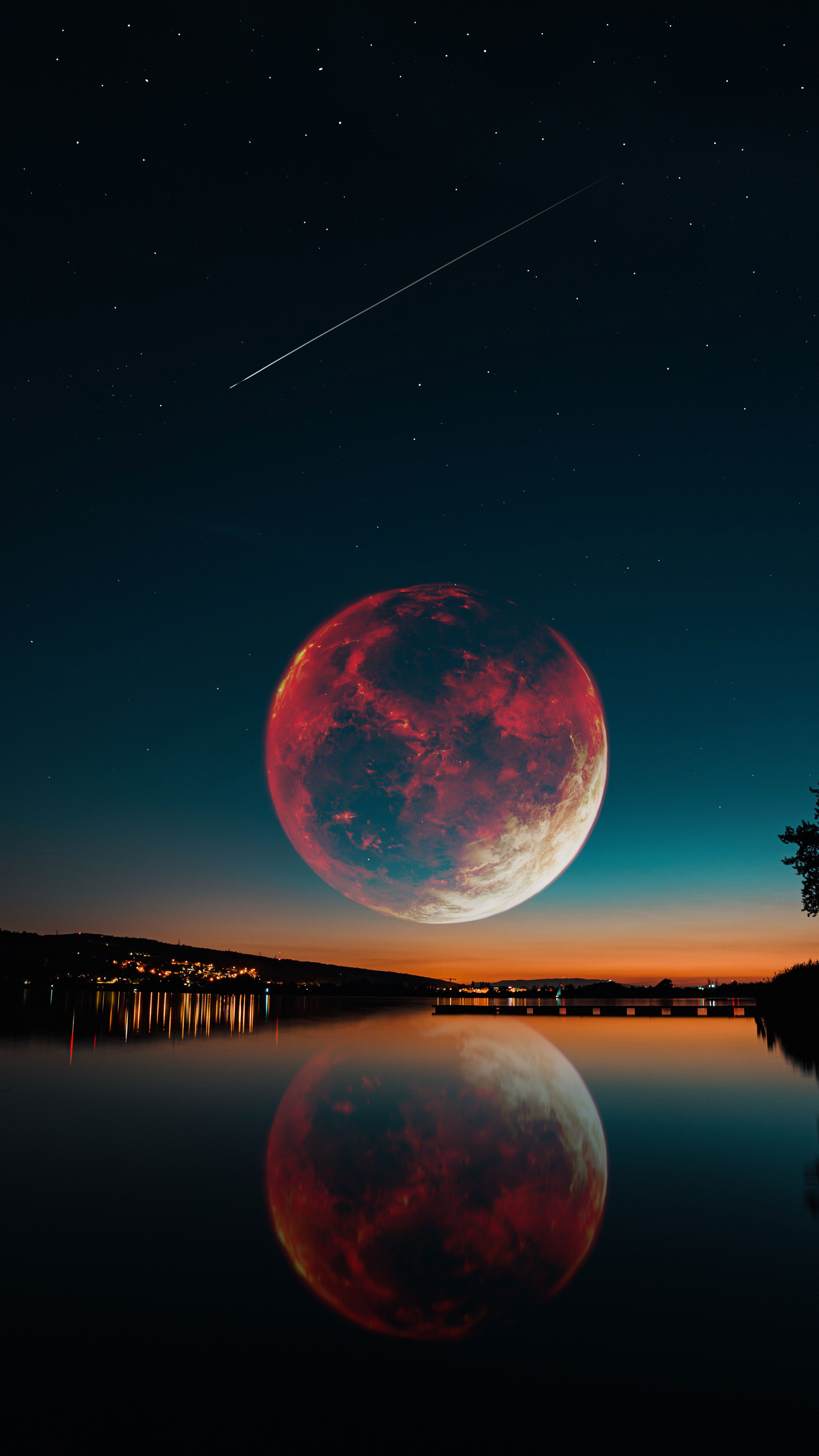 Blutmond, Mond, See, Spiegelung, Nacht, QHD+, Hintergrundbild fürs Handy