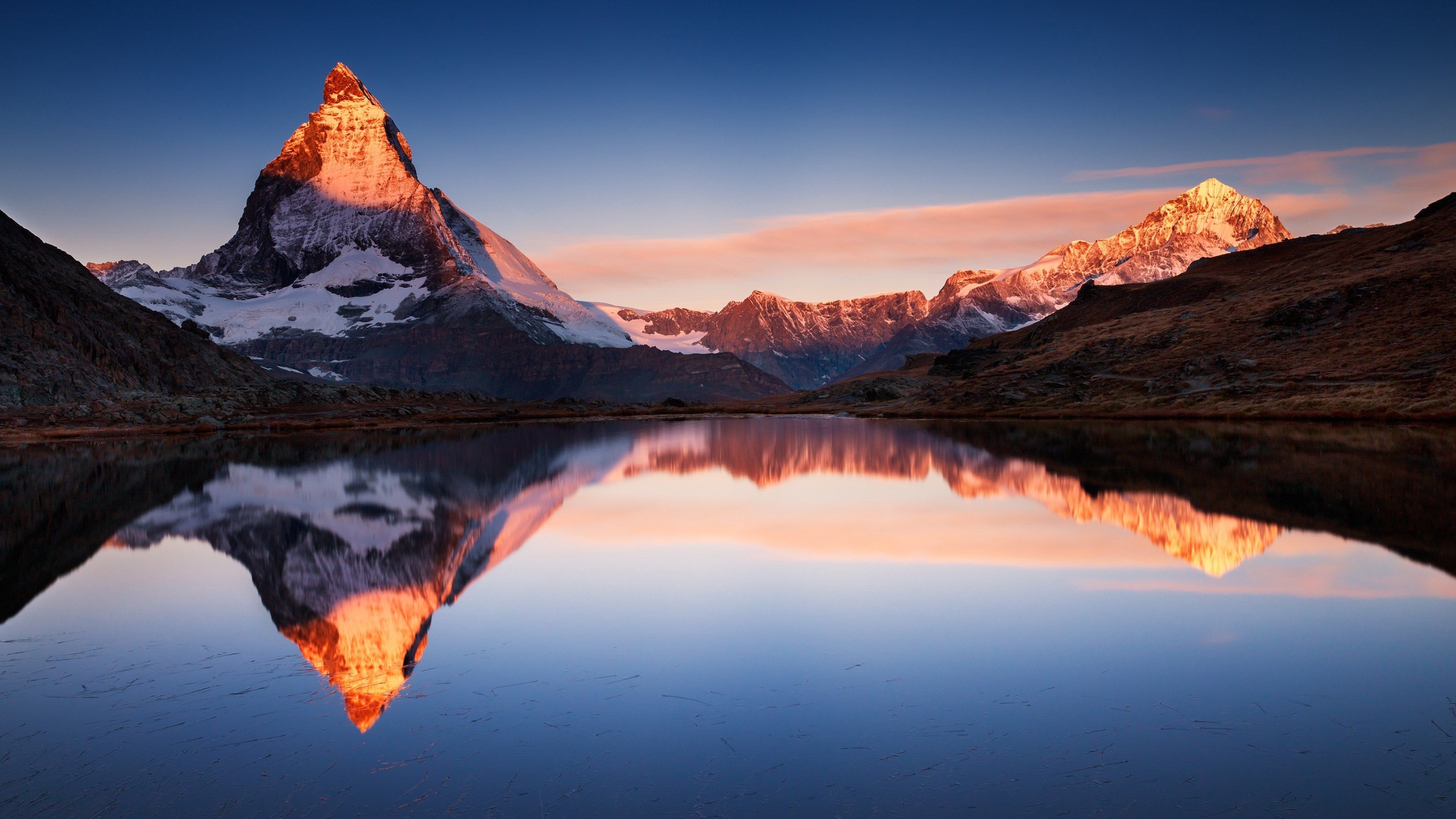 Matterhorn, Riffelsee, Schweiz, Spiegelung, Alpenglühen, 4K, PC-Hintergrundbild