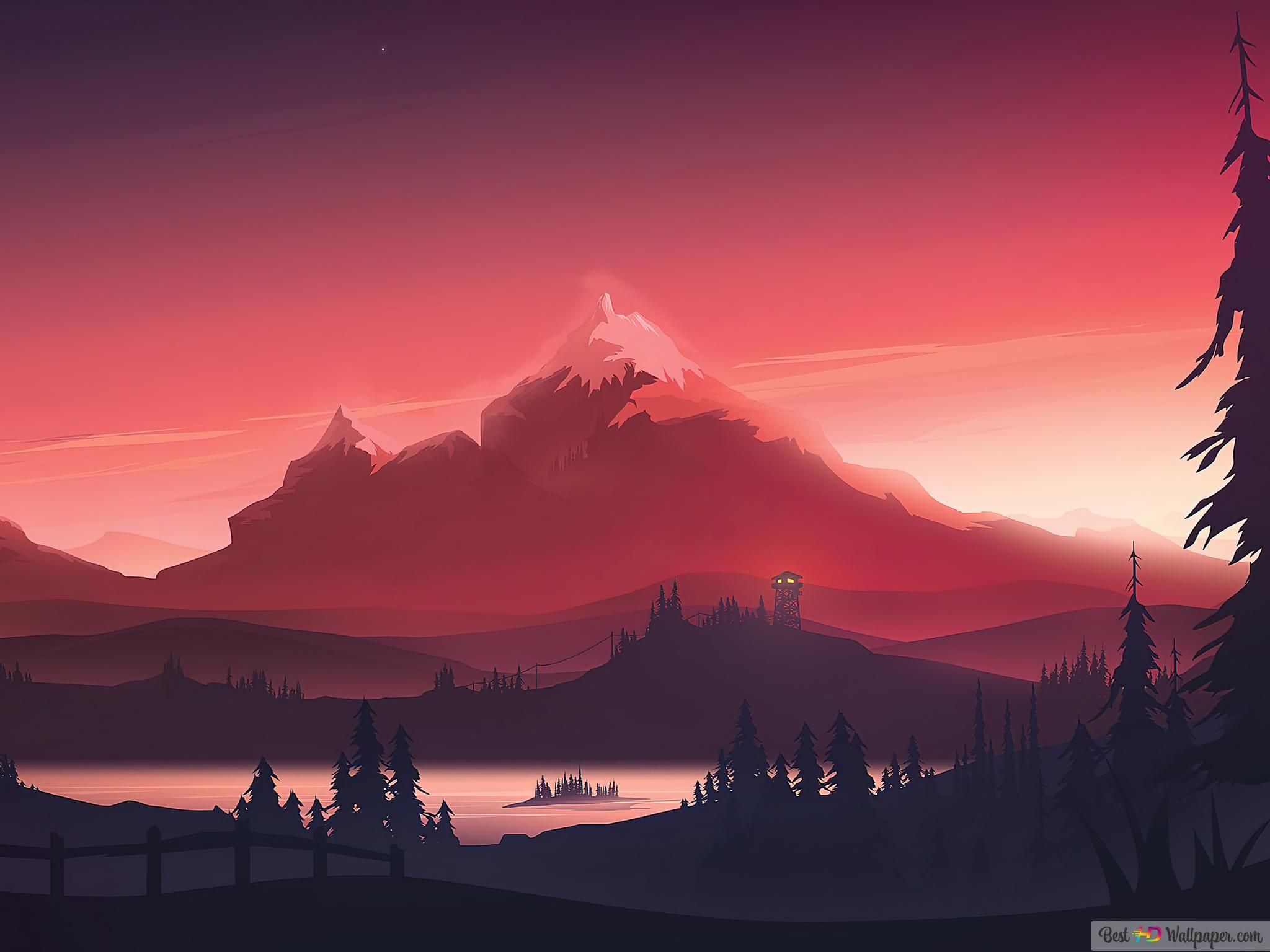 Berge, Roter Himmel, Flache Illustration, Silhouette, See, Hintergrundbild fürs iPad