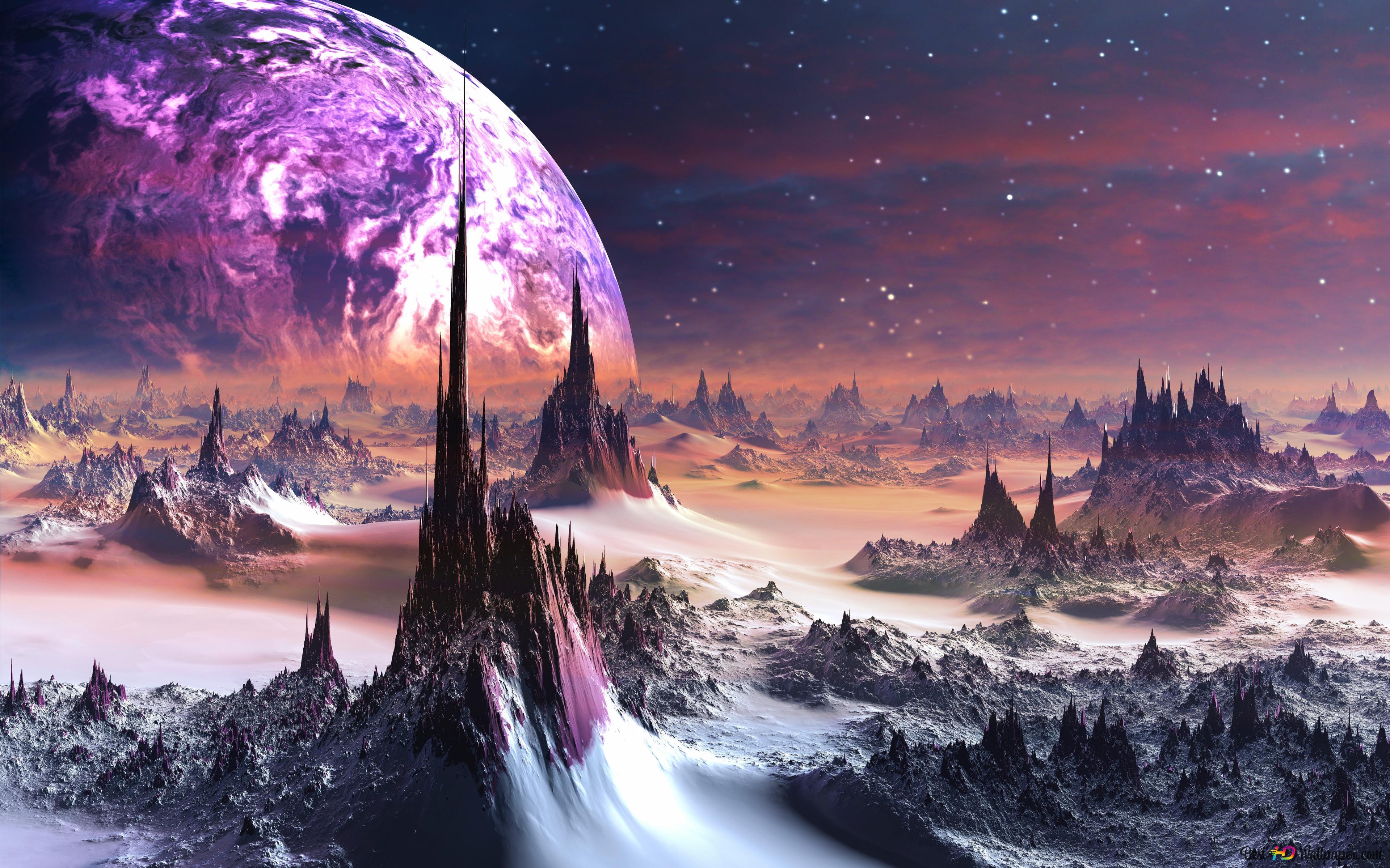 Alien-Planet, Science-Fiction, Felsspitzen, Weltraum, Lila, 4K, MacBook-Hintergrundbild