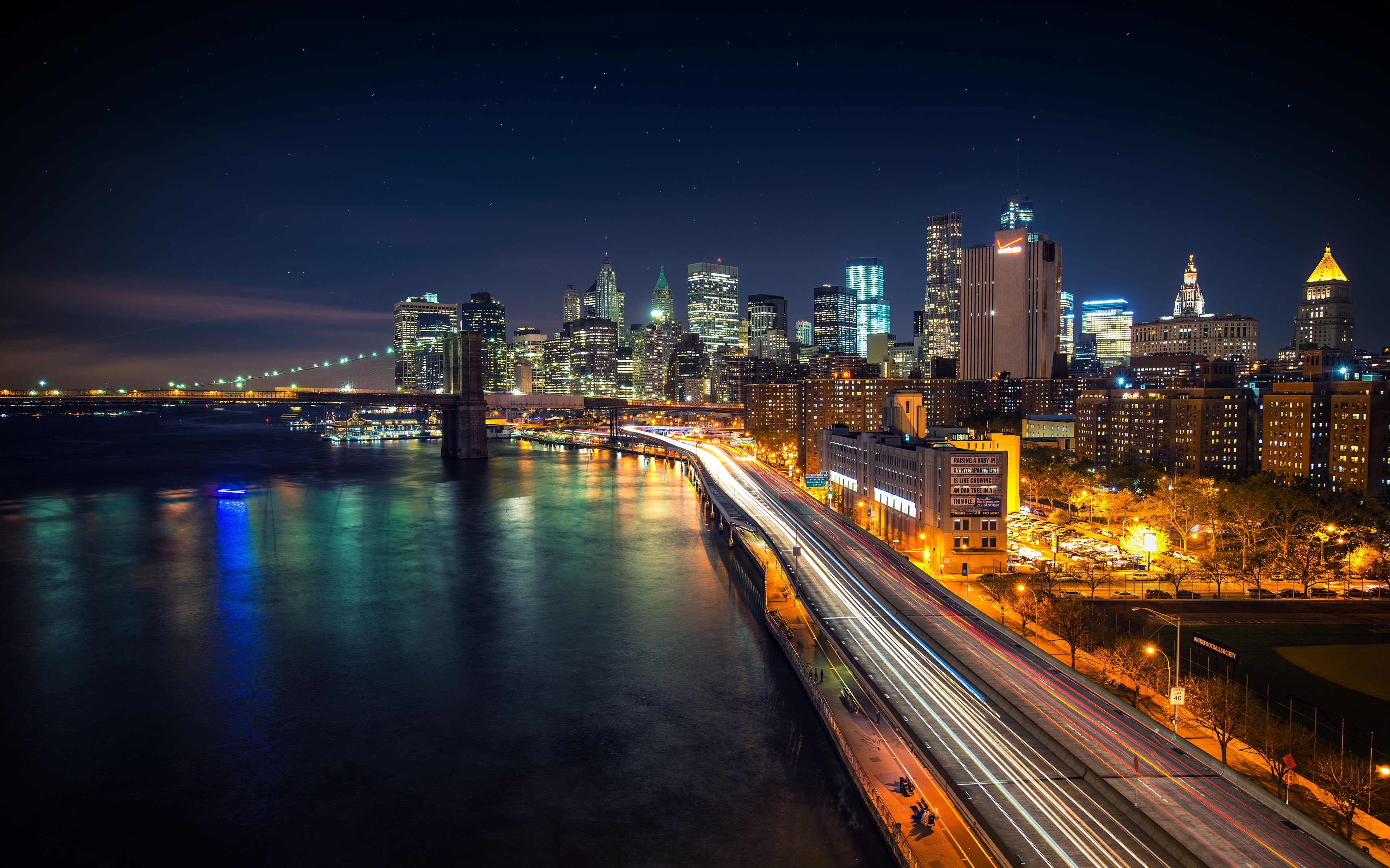 Skyline, Nacht, Fluss, Lichtspuren, Brücke, 16:10, 4K-Hintergrundbild für den Desktop
