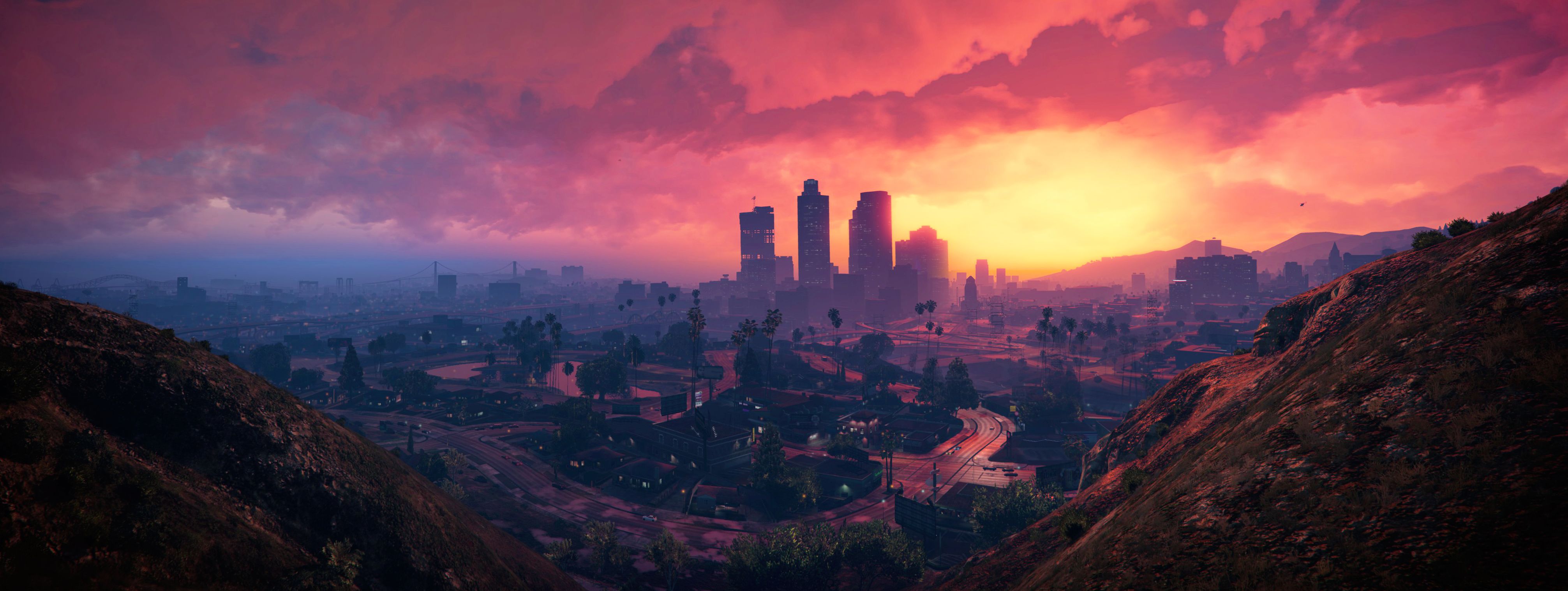 Los Santos, Grand Theft Auto V, Skyline, Sonnenuntergang, Hügel, 4K, Desktop-Hintergrund