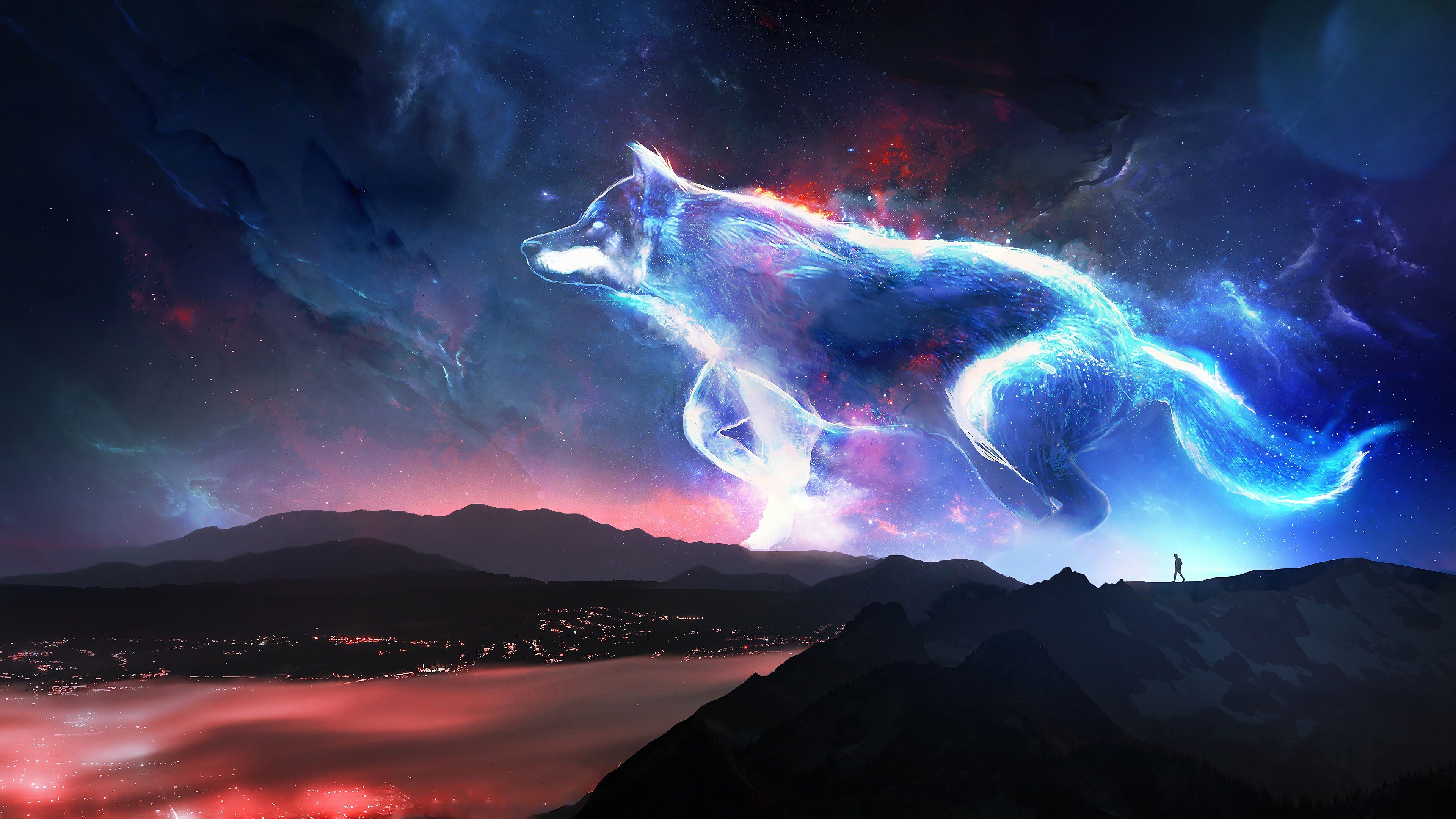 Wolf, Sternbild, Nebel, Fantasy, Nacht, 4K 2160p, Desktop-Hintergrundbild