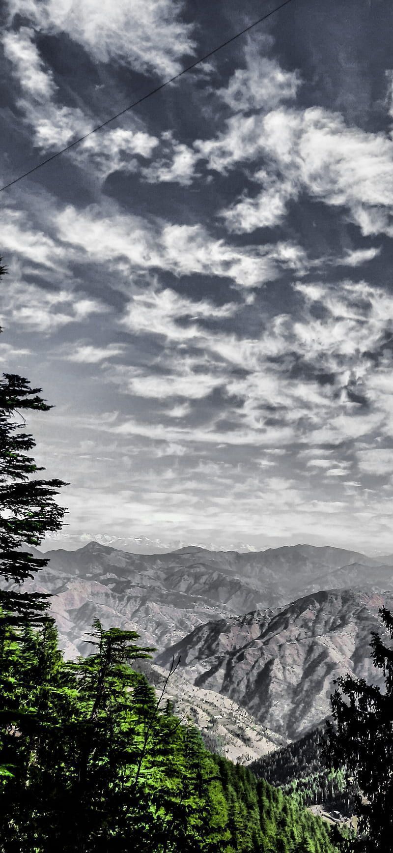 Berge, Wolken, Wald, Schwarz-Weiß, Landschaft, HD, Handy-Hintergrund im Hochformat