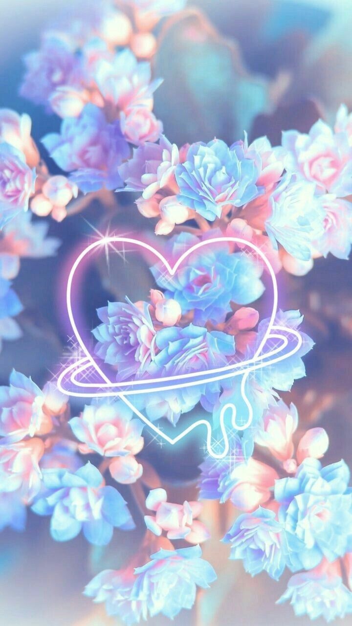 Neon-Herz, Blumen, Pastell, Blau, Aesthetic, HD, Sperrbildschirm fürs iPhone