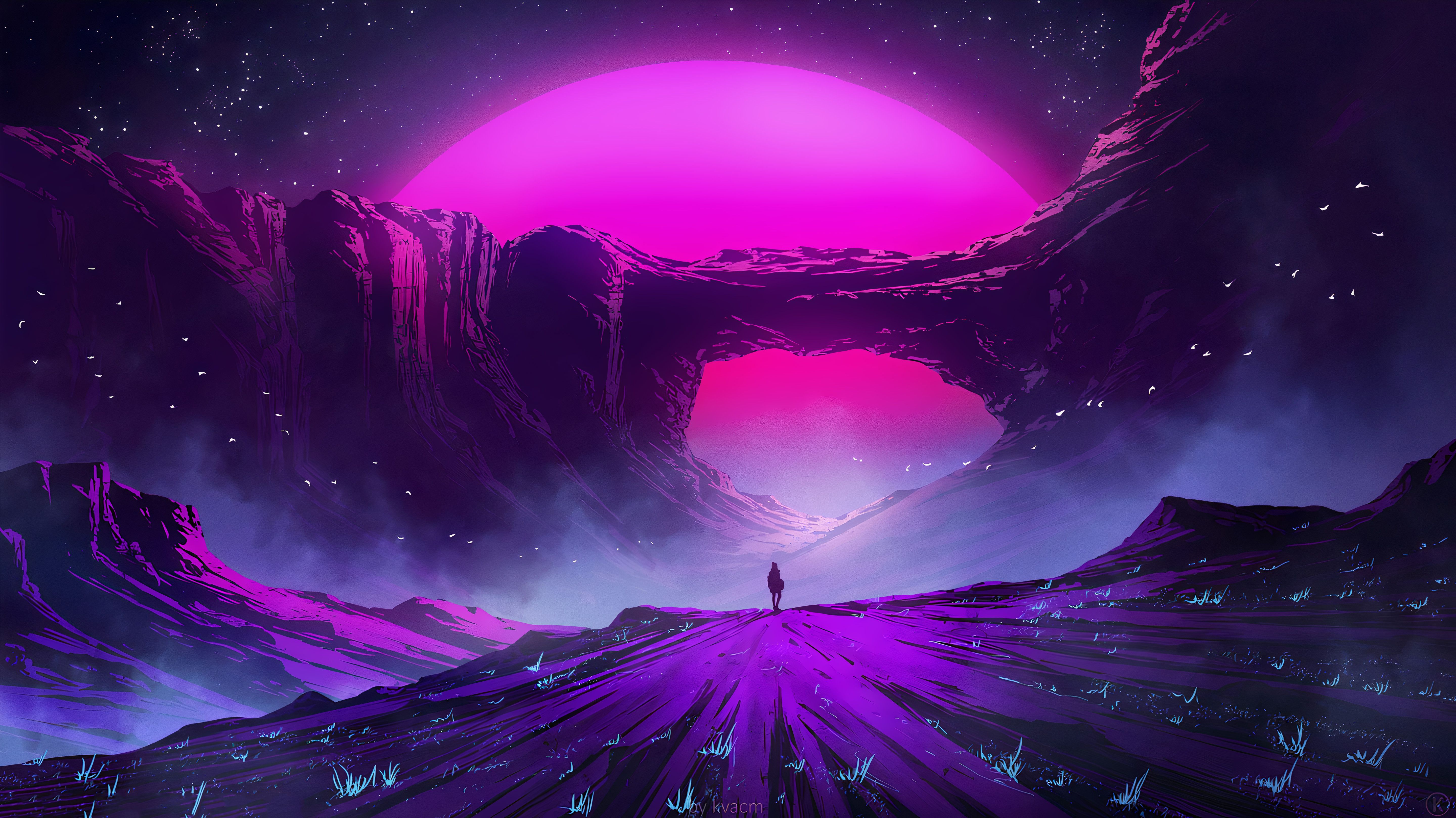 Pinke Sonne, Fantasy-Landschaft, Lila, Sternenhimmel, Synthwave, 5K-Hintergrundbild für PC