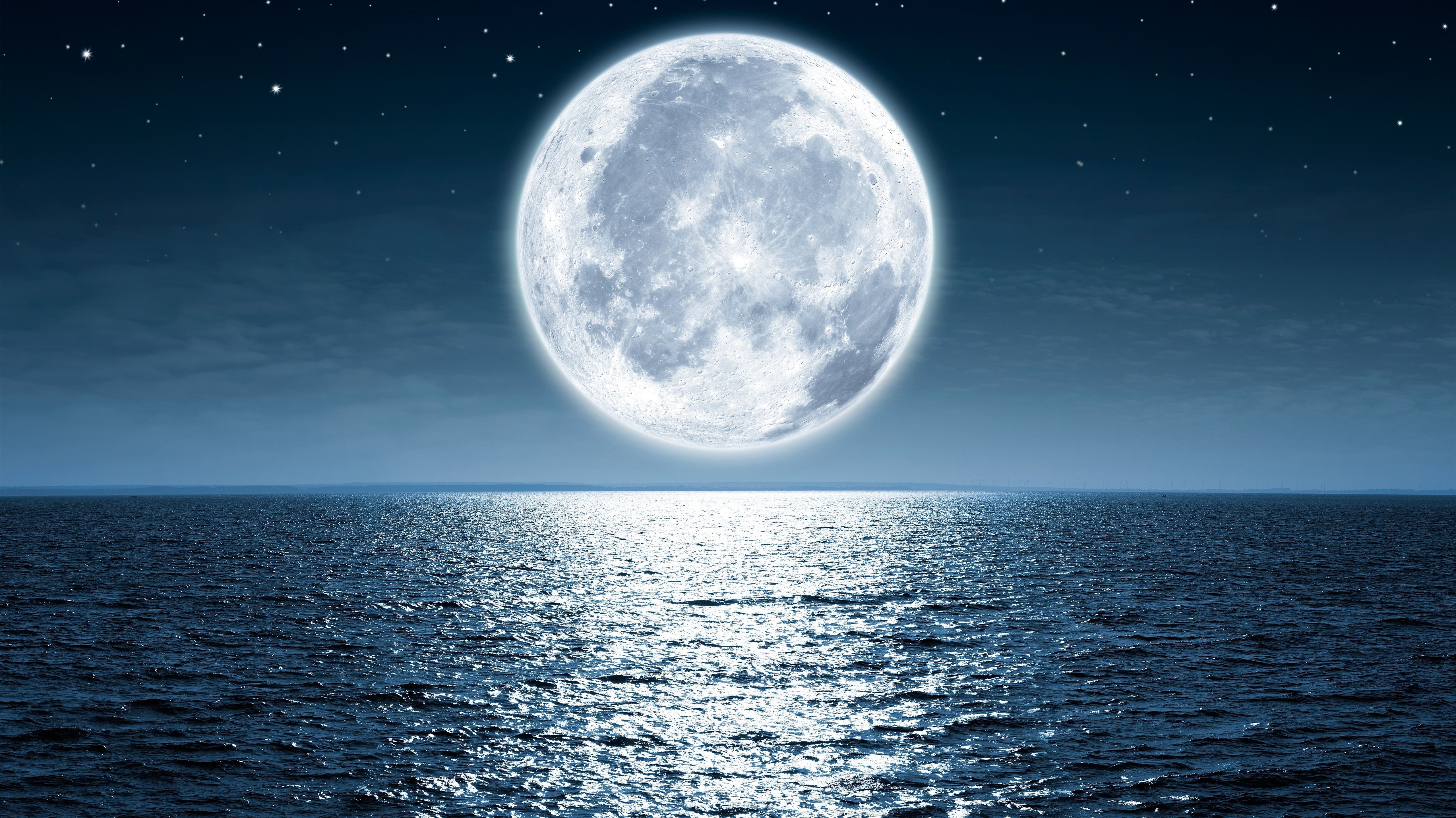Vollmond, Meer, Mondlicht, Nacht, 5K, Desktop-Hintergrund für Windows