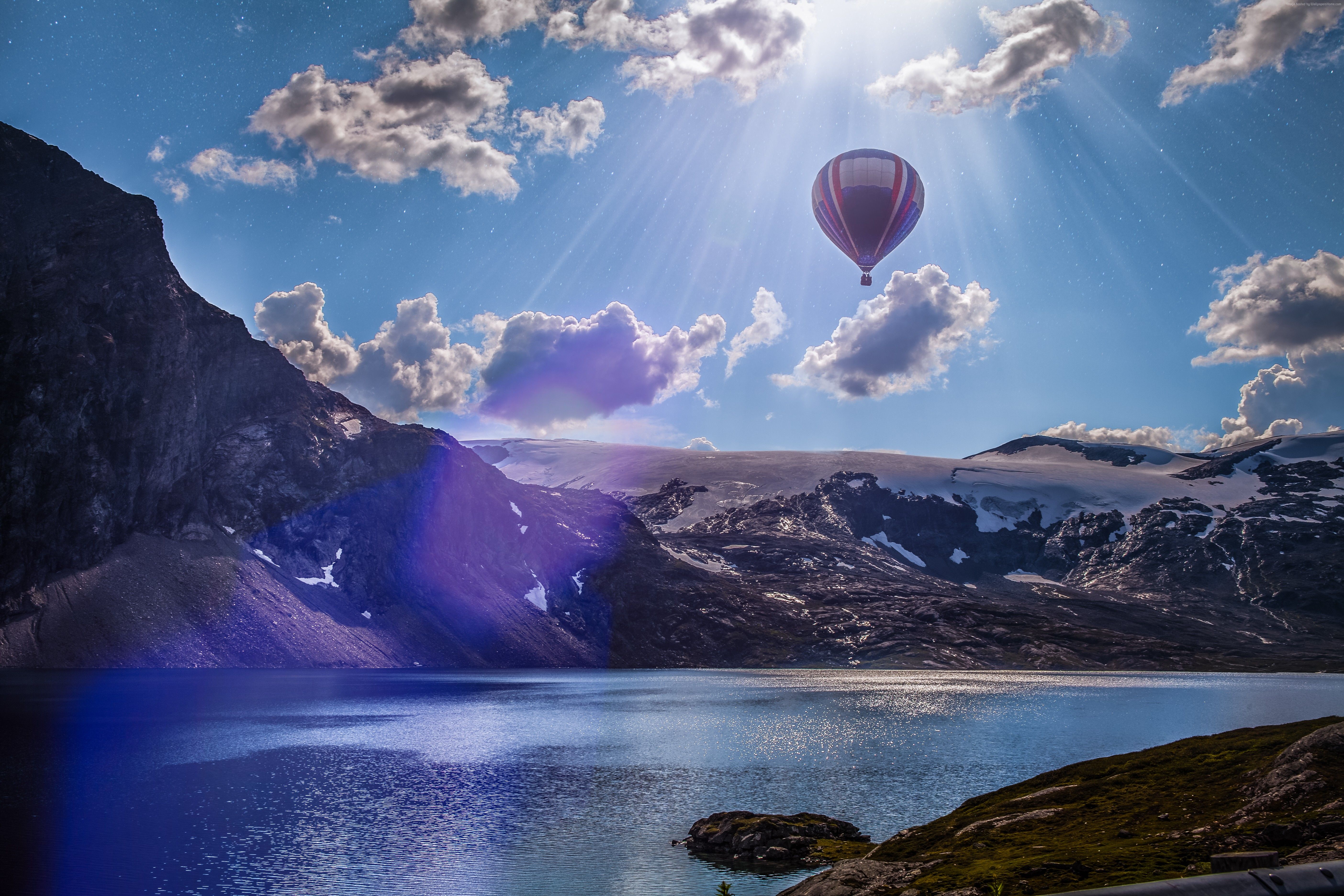 Heißluftballon, Berge, See, Wolken, Sonnenstrahlen, 5K, Hintergrundbild für den PC