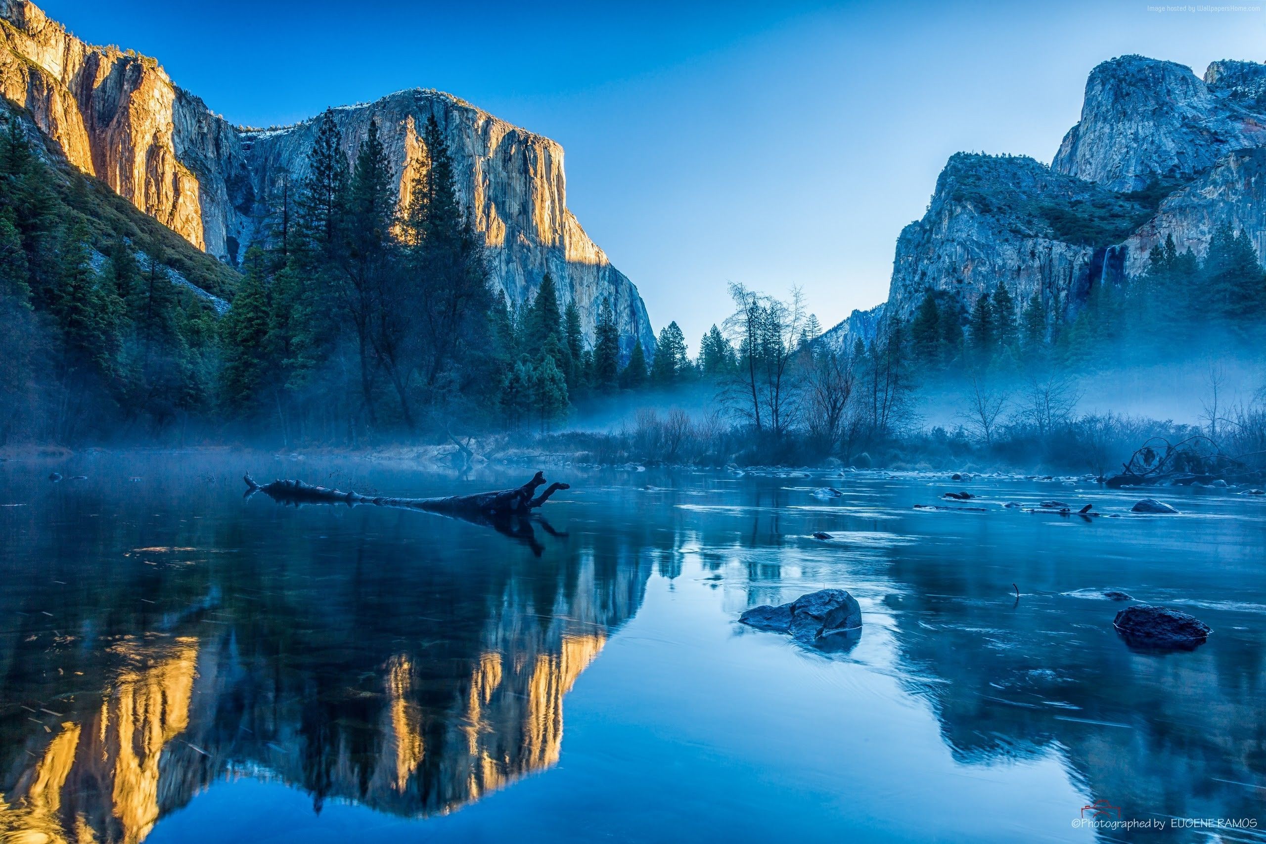 Yosemite Valley, El Capitan, Yosemite-Nationalpark, Fluss, Nebel, Spiegelung, 2K Wallpaper