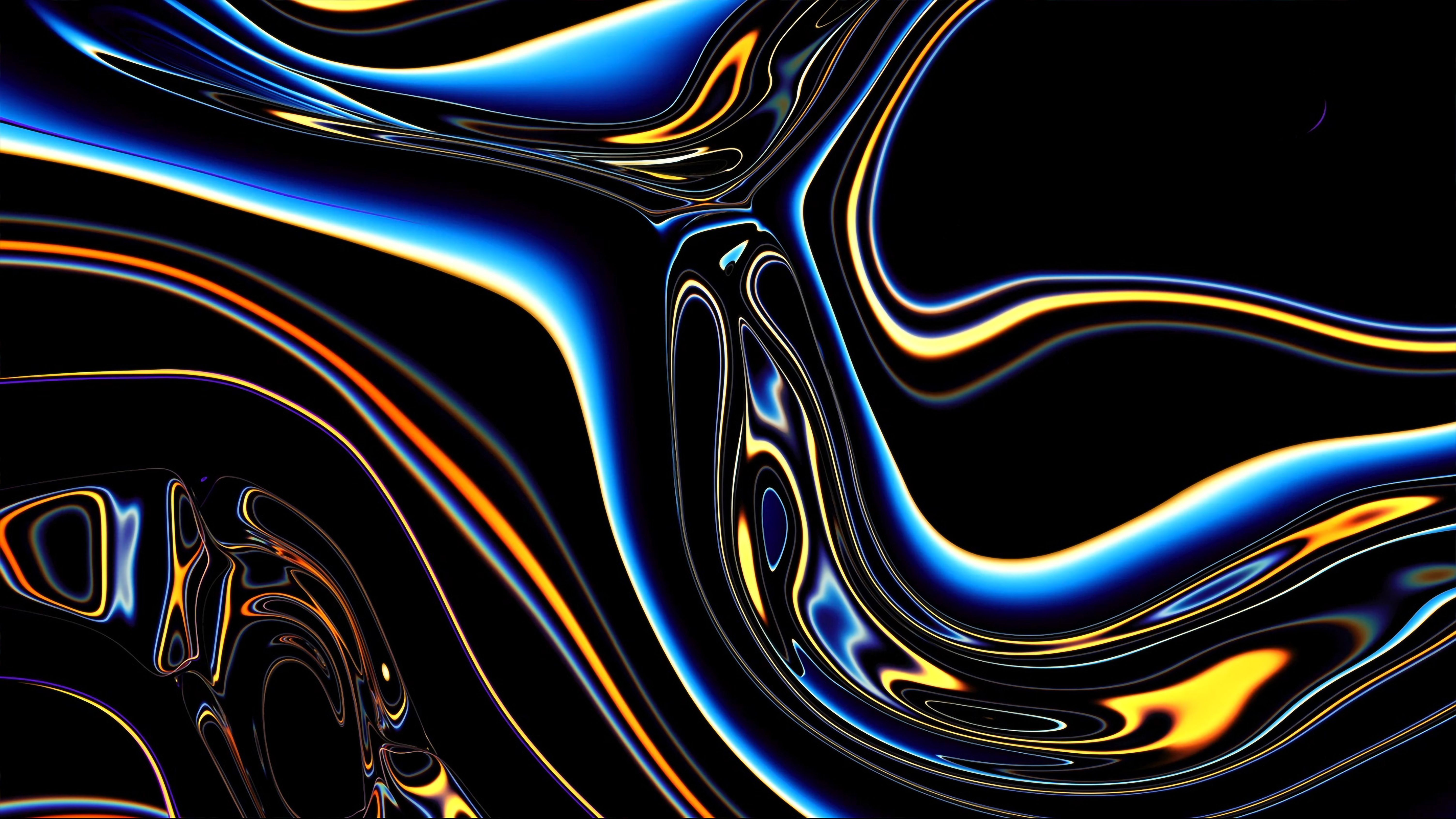 Flüssige Linien, Abstrakt, Schwarz, Blau, Orange, 6K, Hintergrundbild für den PC