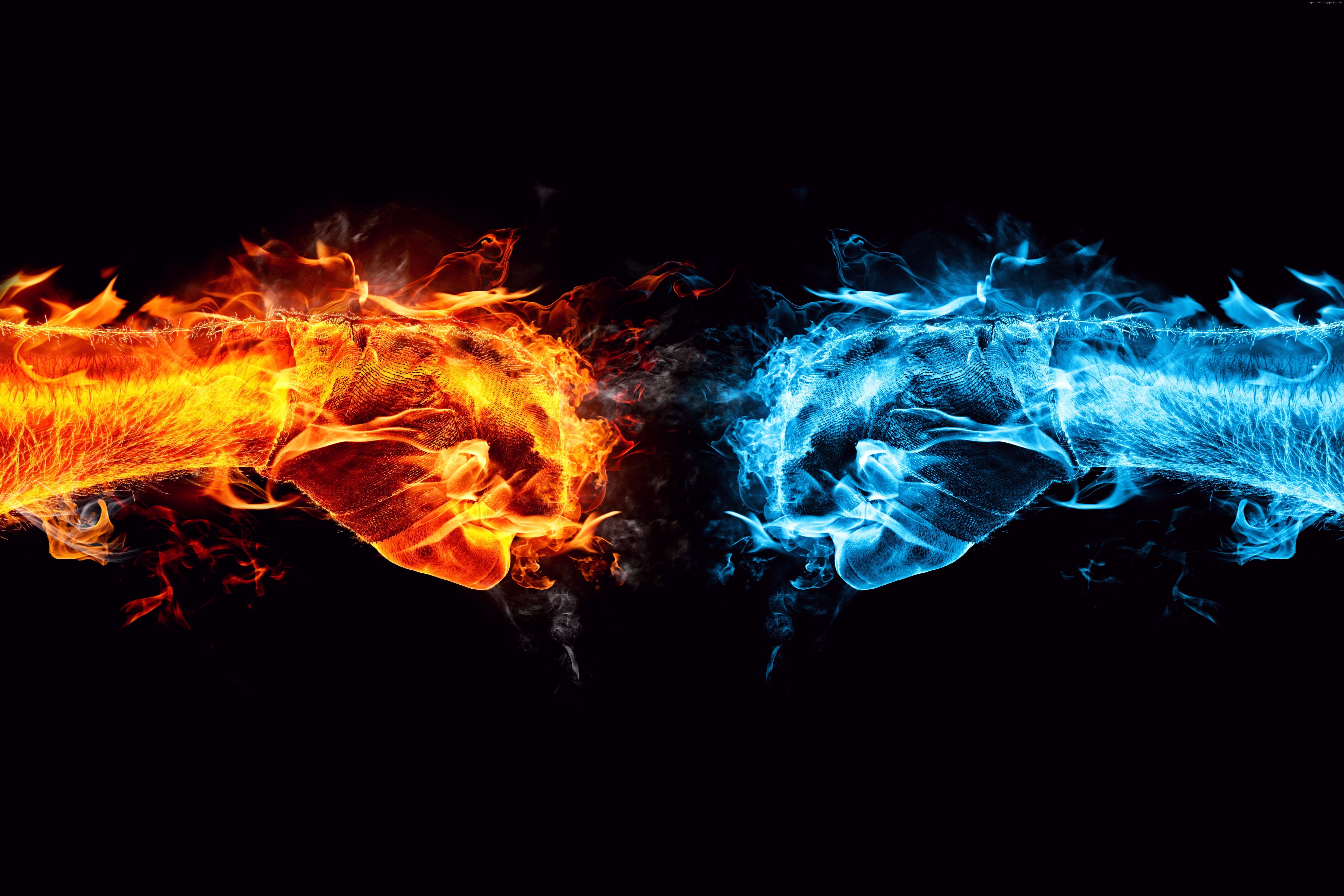 Fäuste, Feuer und Eis, Faustschlag, Schwarzer Hintergrund, 8K Wallpaper